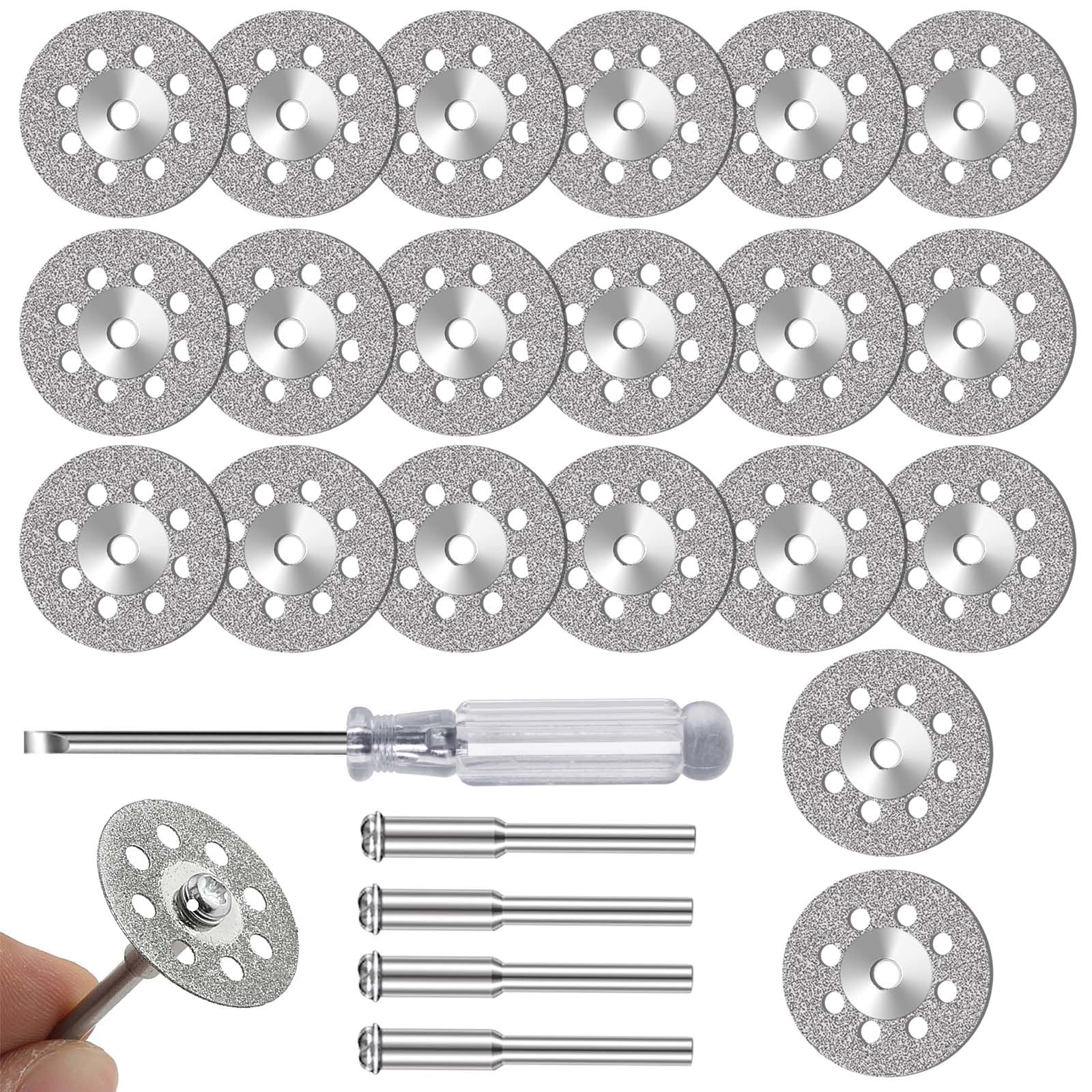 FOTYBEI 20pcs 545 Diamond Coated Cutting Wheel (30mm) for Dremel Rotary Tool with 402 Mandrel (3mm) 4pcs and Screwdriver for Rotary Tool Accessories Stone Glass Cutting (20pcs-30mm)