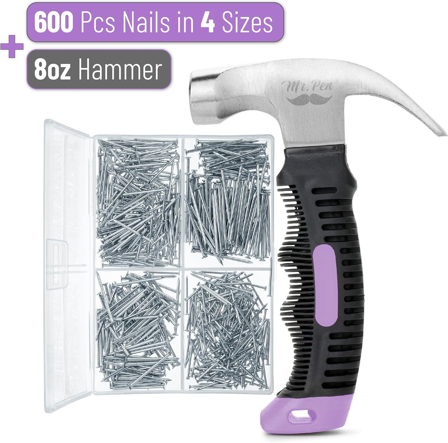 Mr. Pen- Nail Assortment Kit and 8oz Small Hammer for Picture Hanging, Purple Hammer, 600 pcs Small Nails for Hanging Pictures