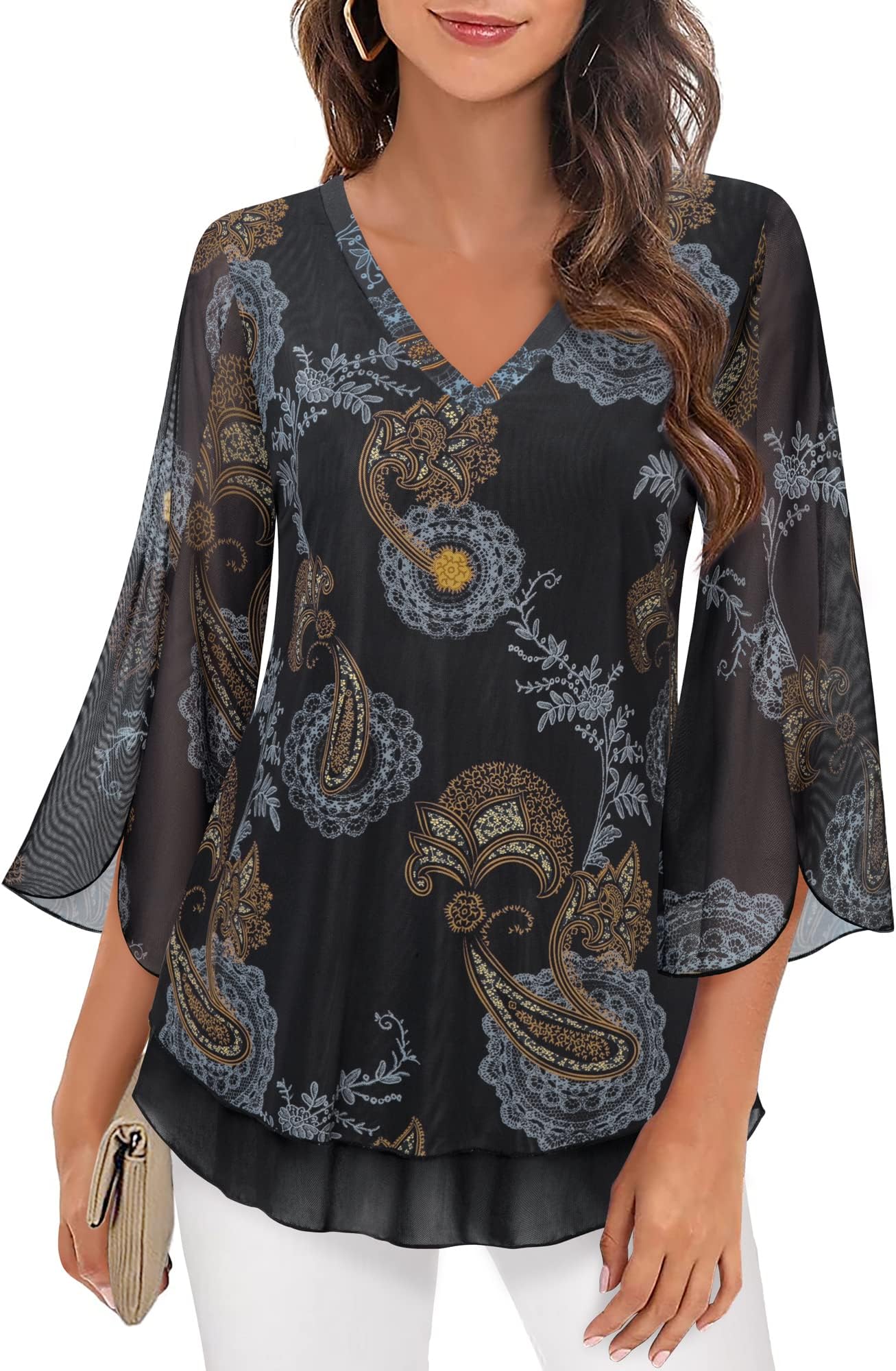 Timeson Women's 3/4 Sleeve Floral Blouses Shirts Double Layers V Neck Dressy Tunics Tops