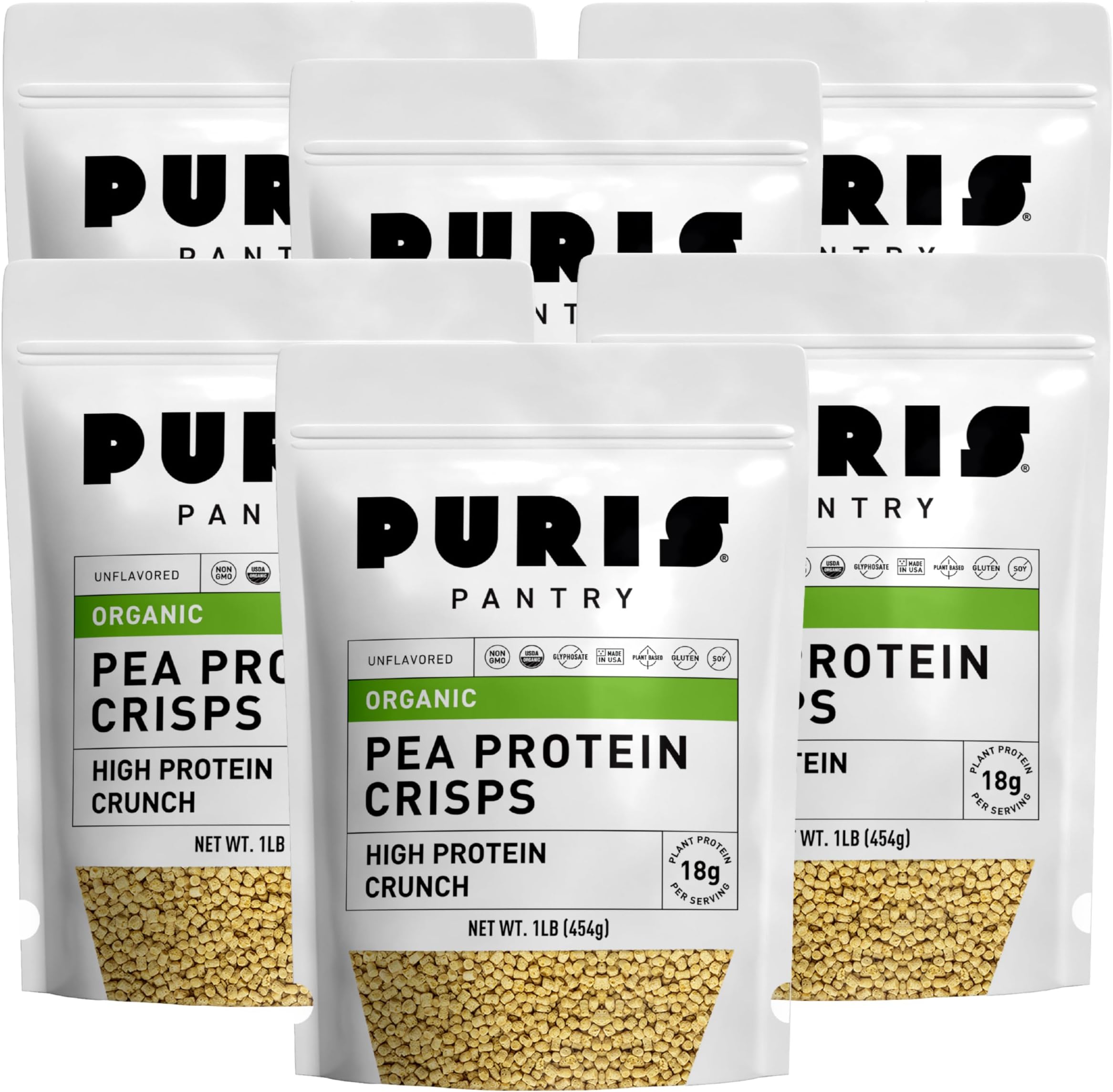 PURIS Organic Pea Protein Crisps, Certified Organic Pea Protein Isolate, Keto Protein Crunch, Made 100% in The USA, Non-GMO, Gluten Free, No Sugar, No Soy, 18g Protein, 7g Carbs, Unflavored (1 lb (6-Pack))