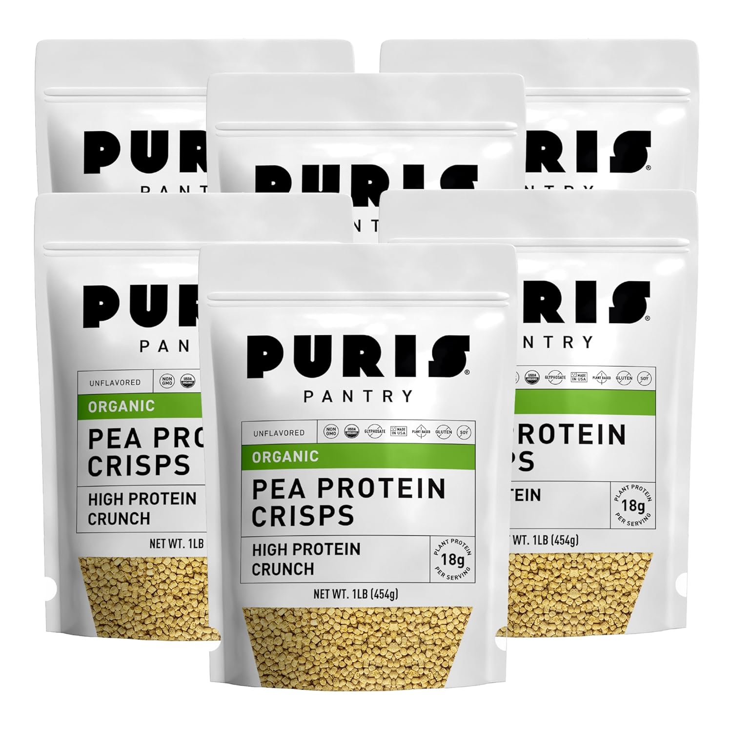 PURIS Organic Pea Protein Crisps, Certified Organic Pea Protein Isolate, Keto Protein Crunch, Made 100% in The USA, Non-GMO, Gluten Free, No Sugar, No Soy, 18g Protein, 7g Carbs, Unflavored (1 lb (6-Pack))