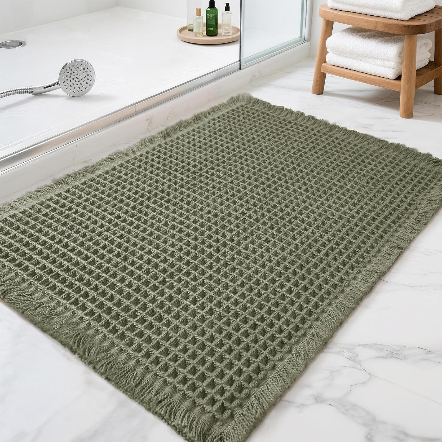 Waffle Bathroom Rugs, Super Absorbent Boho Bath Mats, Non-Slip Shower Mats for Bathroom Floor and Tub, Ultra Soft Waffle Weave Runner Mat, Quick Dry, Olive Green, 17x24 Inch