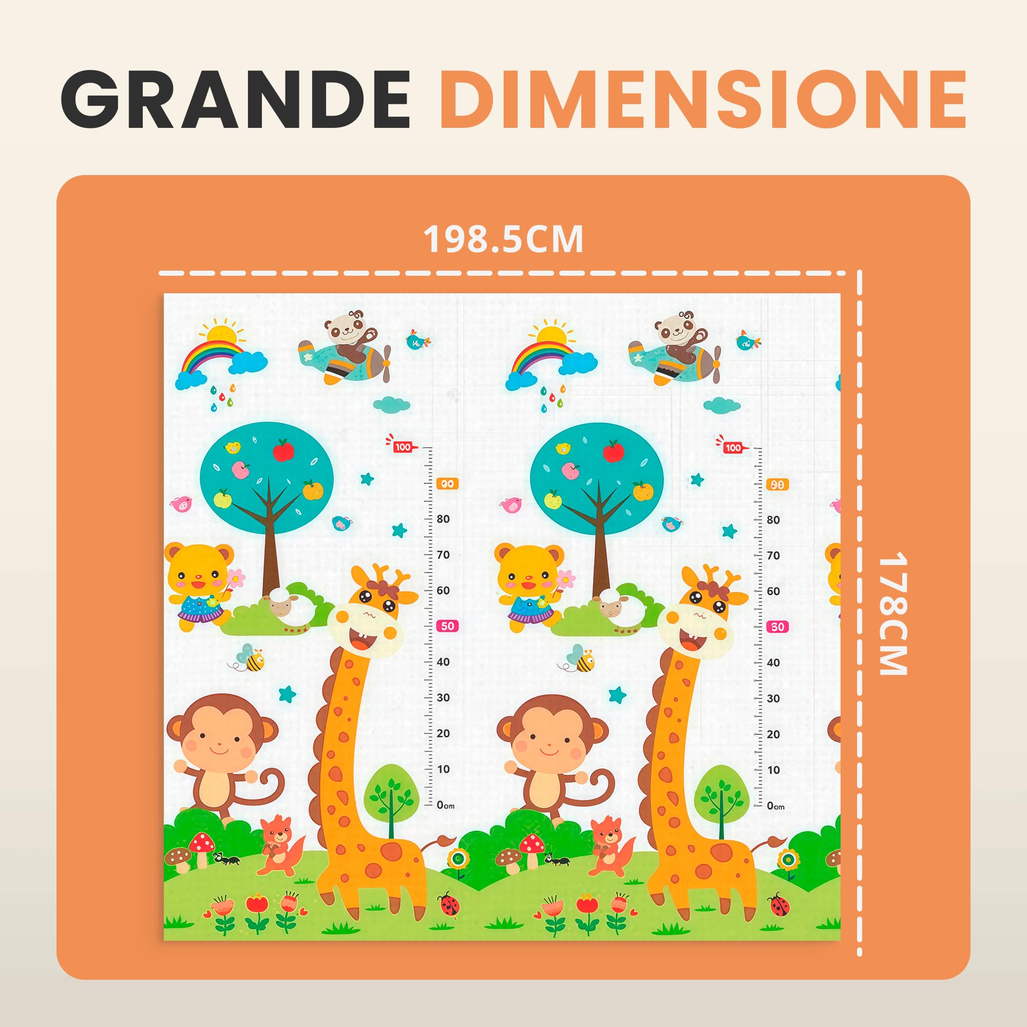 JUPPLIES Tappeto Gioco Bambini Pieghevole 200x180x1cm – Tappetone Morbido Neonato Reversibile Antiscivolo e Impermeabile – Tappeto Attività Montessori per Gattonare e Tummy Time