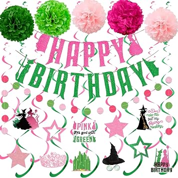 Green Pink Movie Birthday Decorations Halloween Theme Happy Birthday Decorations Halloween Party Supplies Banner Include Hanging Swirls Paper Pom Pom For Party Decorations