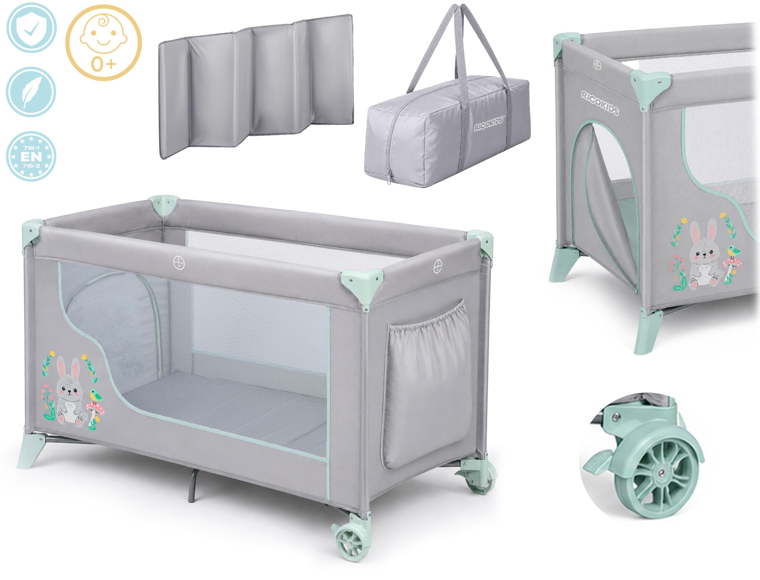 Ricokids Reisebett Baby Mit Matratze 123,5 x 64 x 76 cm Kinderreisebett Babybett Bis 15 kg 2 Räder Mit Bremsen Abnehmbarer Seiteneingang Transporttasche Faltbar Kompakt Hellgrau Lavendel