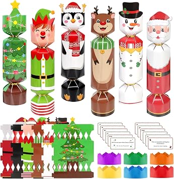 DPKOW 12 Pack Christmas Crackers with Prizes, with Hats Riddle CardsNon-Snap, DIY Santa Snowman Cracker Elk Elf Penguin Boxes Holiday Crackers Xmas Gifts Boxes Christmas Party Table Cracker Supplies