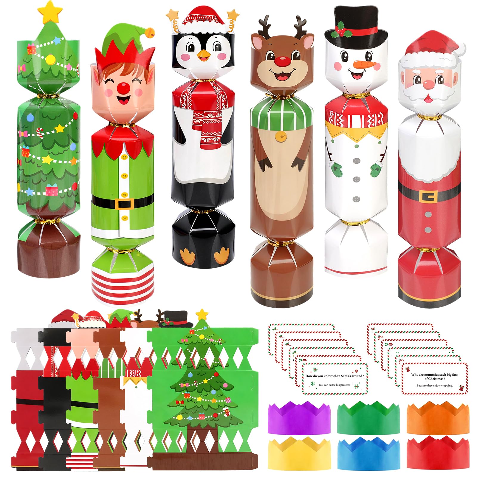 DPKOW Silent Christmas Crackers Gift Boxes with Hats Riddle Cards (Non-Snap), Make Your Own Christmas Crackers 12 Pack, DIY Christmas Tree Santa Snowman Elk Elf Treats Boxes Xmas Cracker Making Kits