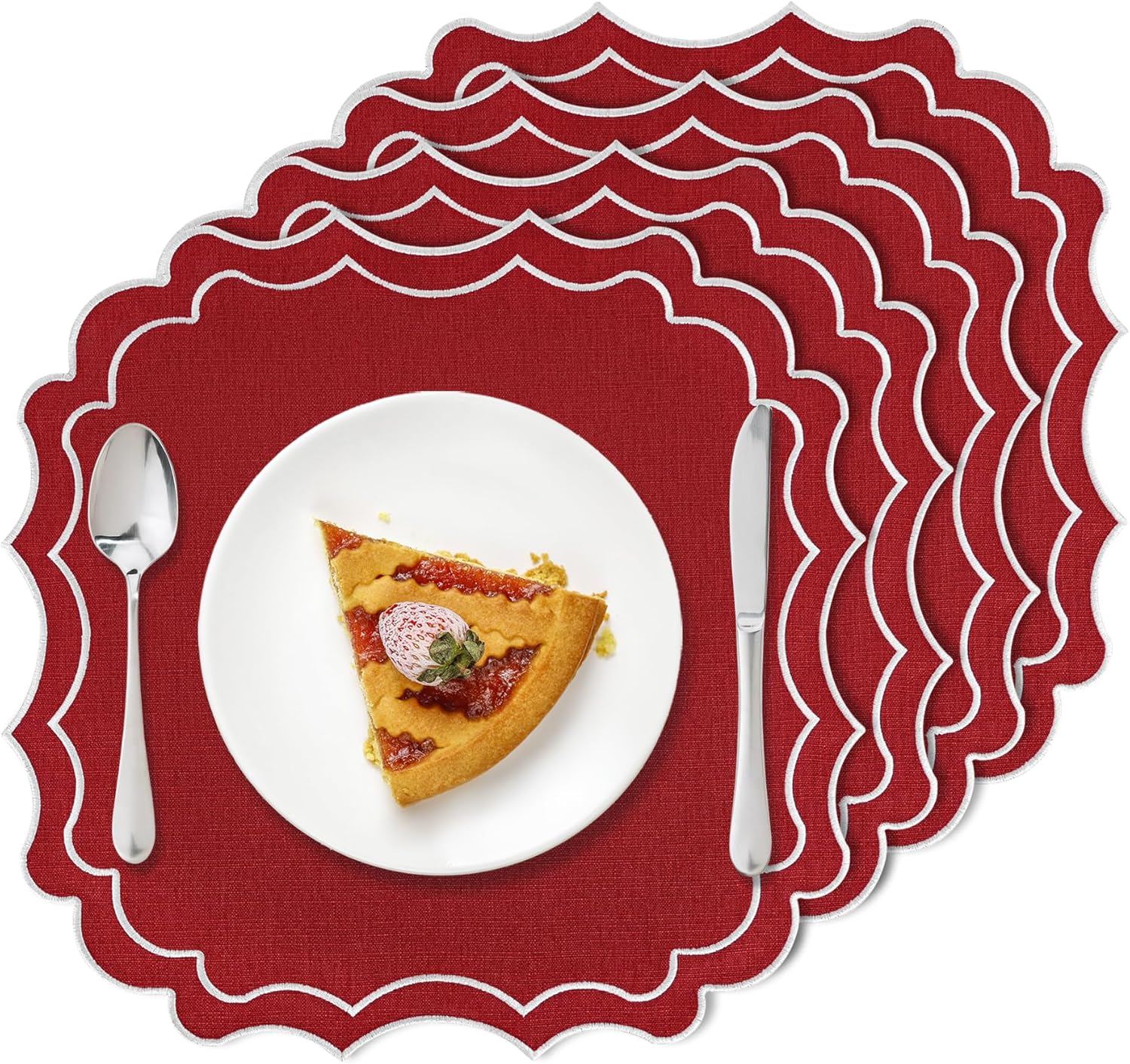 Set of 4 Christmas Cotton Linen Placemats, 15 Inch Scalloped Embroidered Cloth Table Mats, Machine Washable, Wrinkle Resistance Dining Table Mats Decorative Xmas Party Holiday Table Decor