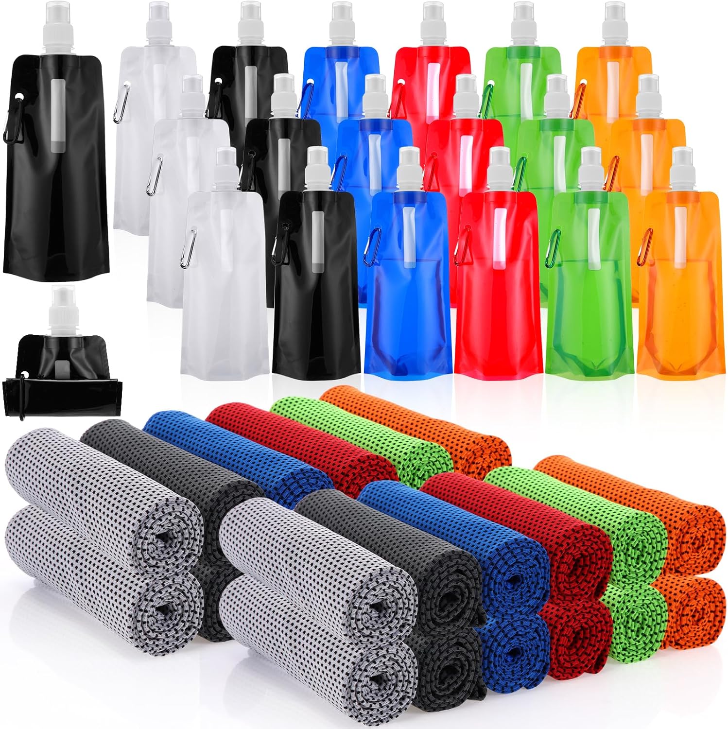 Teenyyou 48 Collapsible Water Bottles Bulk 16 oz with Carabiner Clip Cooling Towels 40'' x 12'' Reusable Leak Proof Water Bottles Mixed Color Ice Towel for Sports Biking Hiking Outdoor (6 Colors)