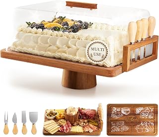 BRONYPRO 2-in-1 Acacia Wood Cake Stand with Lid & Cheese Knife Set, Rectangular Charcuterie Boards with Cover - Cheese Tray for Party, House Warming, Dessert, Serving Platter with Hand-Painted Design