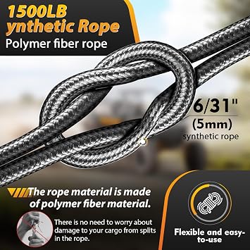 Portable Drill Winch of 1500 LB, Grey Handheld Drill Winch with 40 Foot Synthetic Rope, Rotate The Hook 360 Degrees, for Lifting & Dragging (Down Strap with D Rings)
