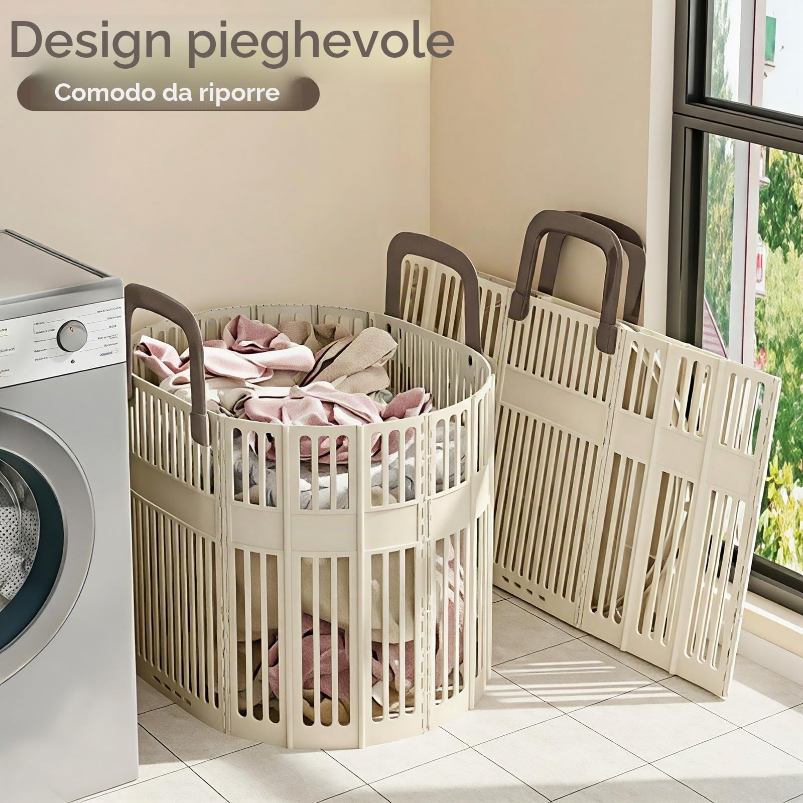 PAVSTINE Cesto Portabiancheria Pieghevole Grande, Portabiancheria Plastica | 43L Cesto Biancheria Sporca con Manici Salvaspazio, Collapsible Laundry Basket per Bagno, Lavanderia, Beige