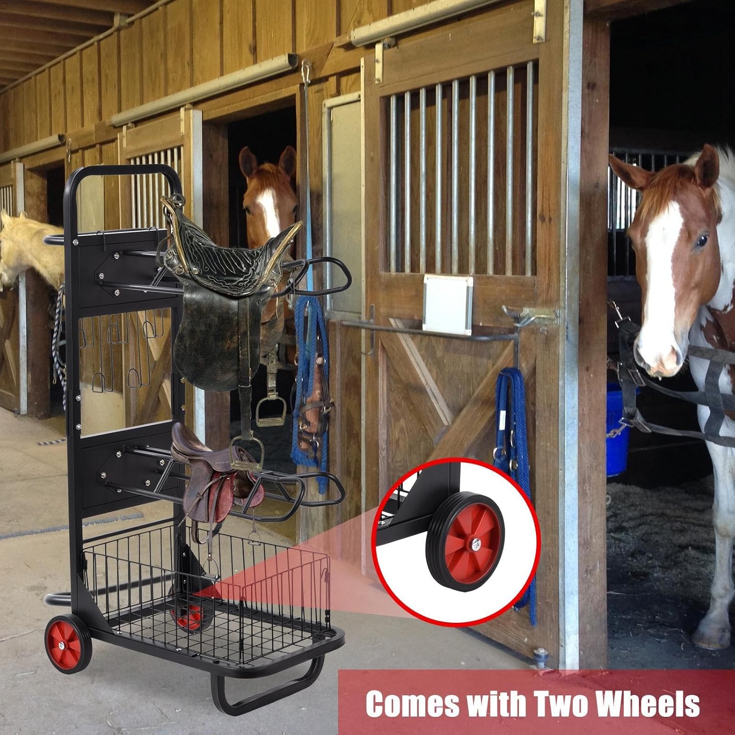 Saddle Cart, Rolling Saddle Cart with Wheel Saddles Rack, Portable Metal Saddles Rack Stand, Horse Trailer Organizer, Horse Equipment Carts for Moving, Organize Tack, Pad, Accessories