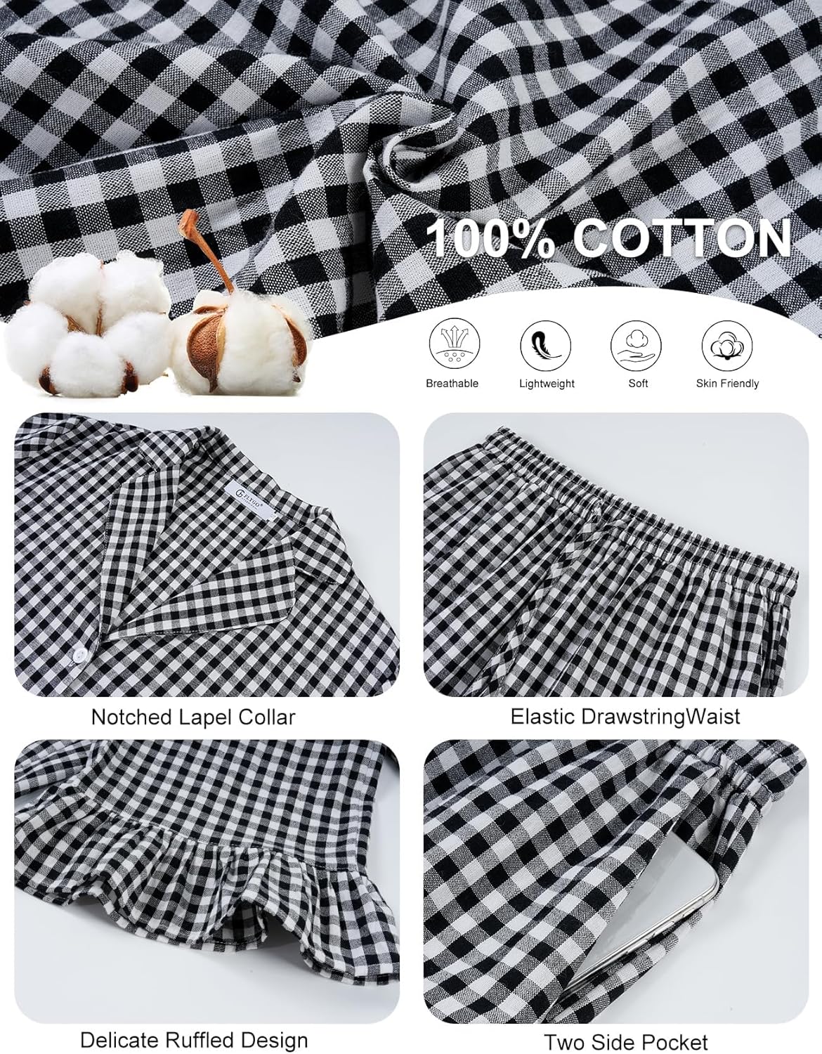Flygo Womens Gingham Pajamas Sets Cotton Plaid Pjs Ruffled Sleeve Button Down Shirt Pants Y2k 2 Piece Lounge Set - Image 6
