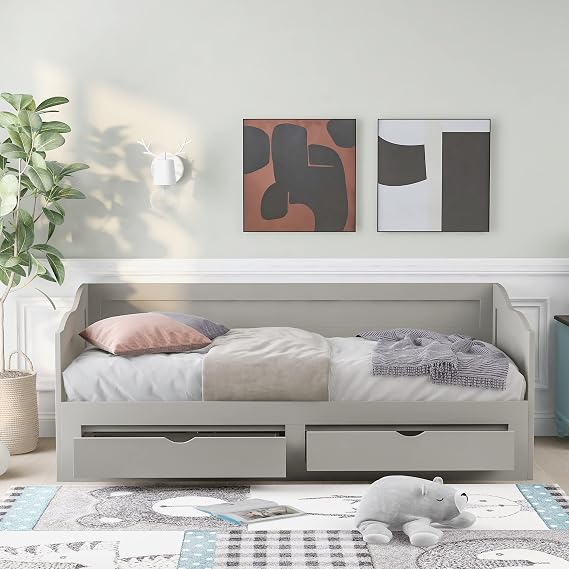Flieks Wooden Daybed with Trundle Bed and Two Storage Drawers Twin Bed to King Design Sofa Bed, 77.2 L x76.4 W Extendable Bed Daybed for Bedroom Living Room