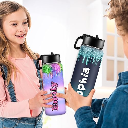 Miniatura 6 de Artsadd Botella de agua personalizada con purpurina para niños y niñas, botella de agua deportiva de acero inoxidable personalizada con nombre, taza
