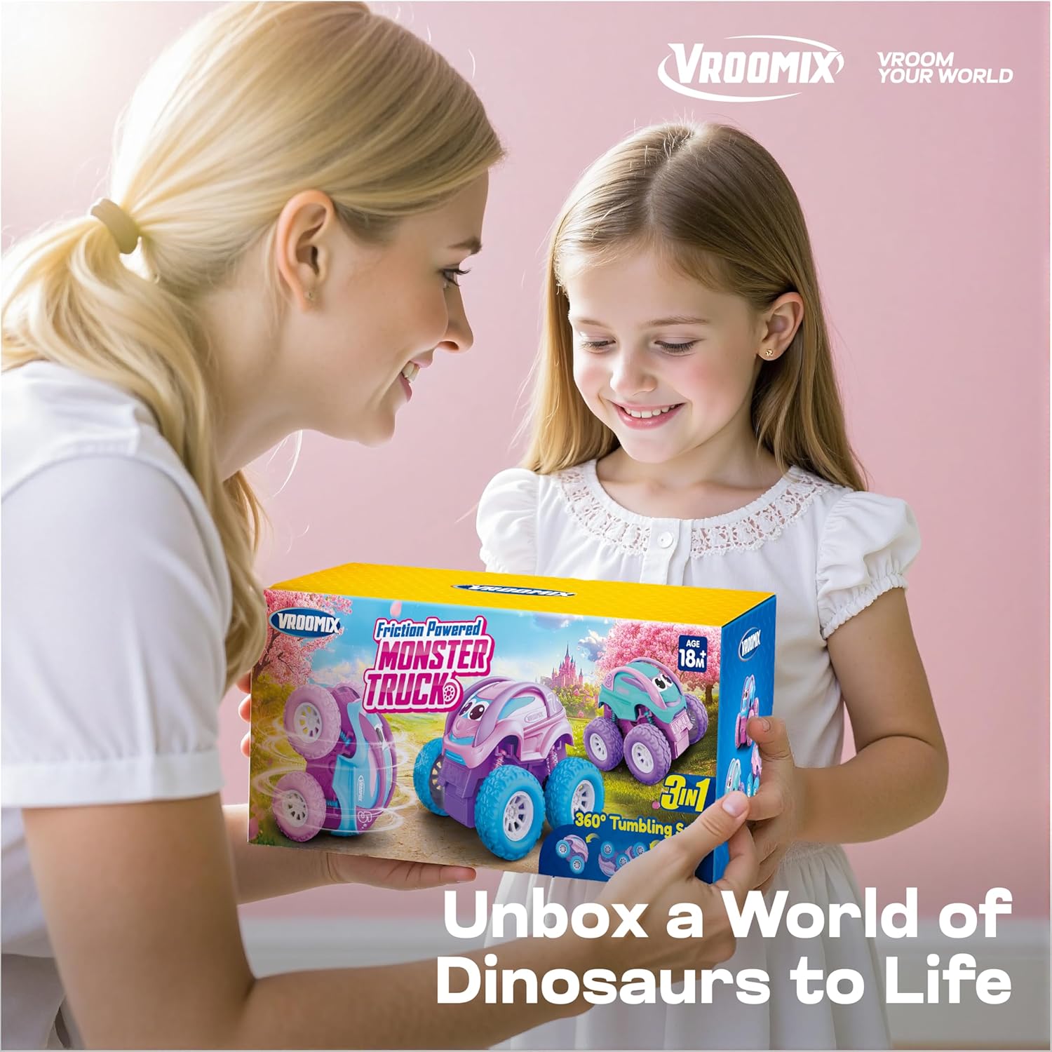 Vroomix Jova 3 Pack Monster Truck Toys, Friction Powered Pull Back Car Toys with Crash, Flip & Bouncing for Toddlers Girls Age 18 Month and Up, Toddler Girl Toys Birthday Gifts