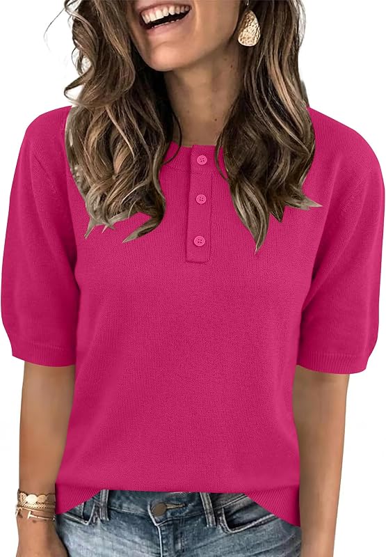 AKEWEI Sweaters for Women Crew Neck Pullover Tops Knit Button Down Shirts