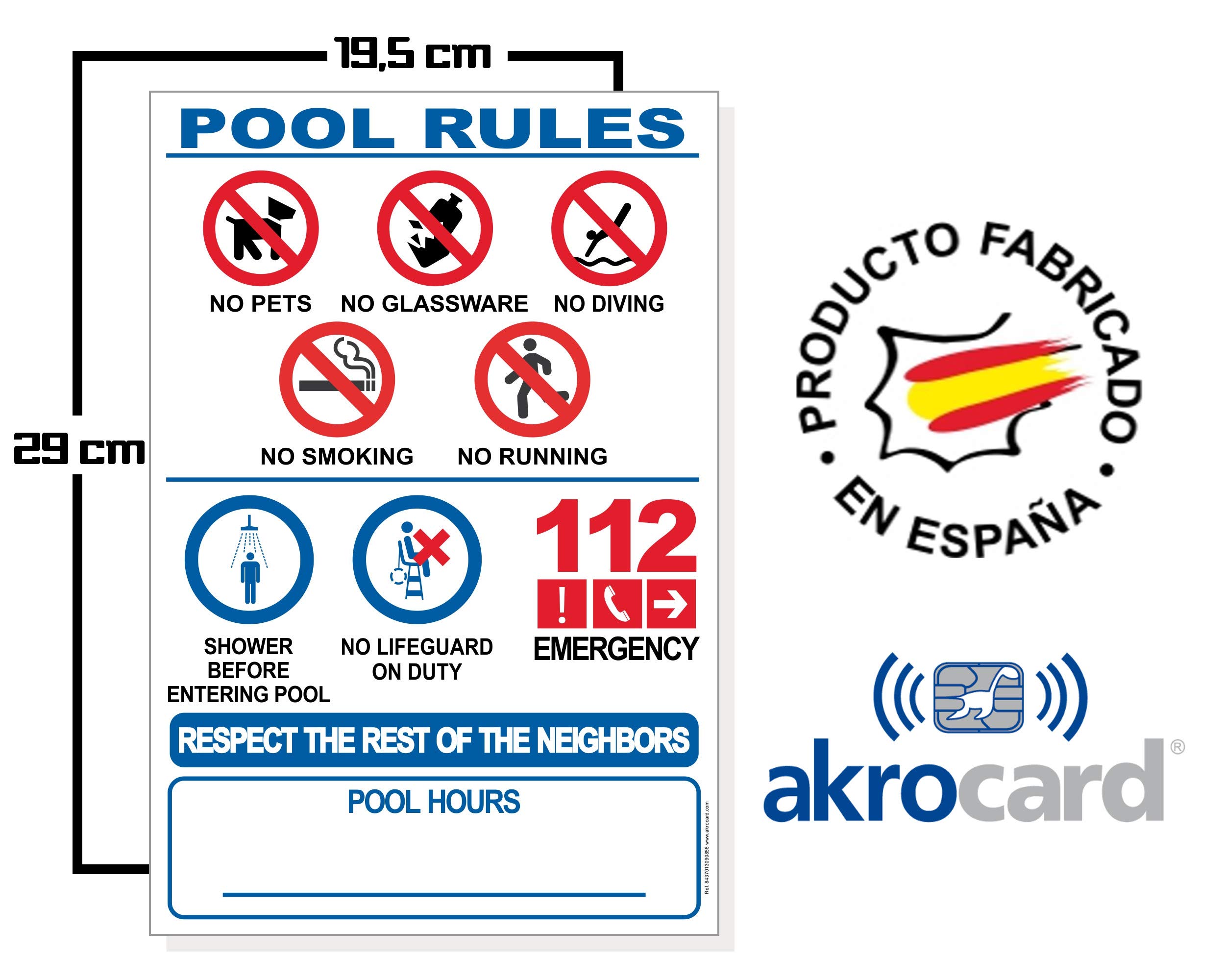 Cartel De PVC Rígido De 29x19 Cm Con Normas De Piscina En Inglés, Resistente Al Agua Y A La Intemperie, Ideal Para Advertir En Zonas De Baño, Jardines Y Comunidades