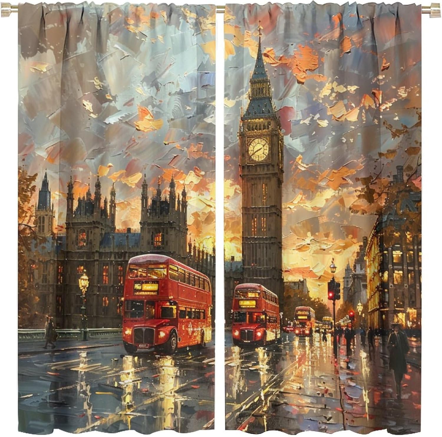 Classic Building Oil Painting Blackout Curtains for Bedroom/Living Room, Romantic Big Ben London Thermal Insulated Curtains Rod Pocket Window Drapes, 2 Panels/Each 42" W x 84" L