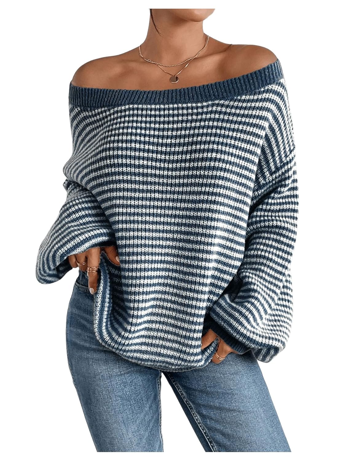 Verdusa Womens Plus Size Striped Off The Shoulder Oversized Sweater Streetwear Pullover Tops