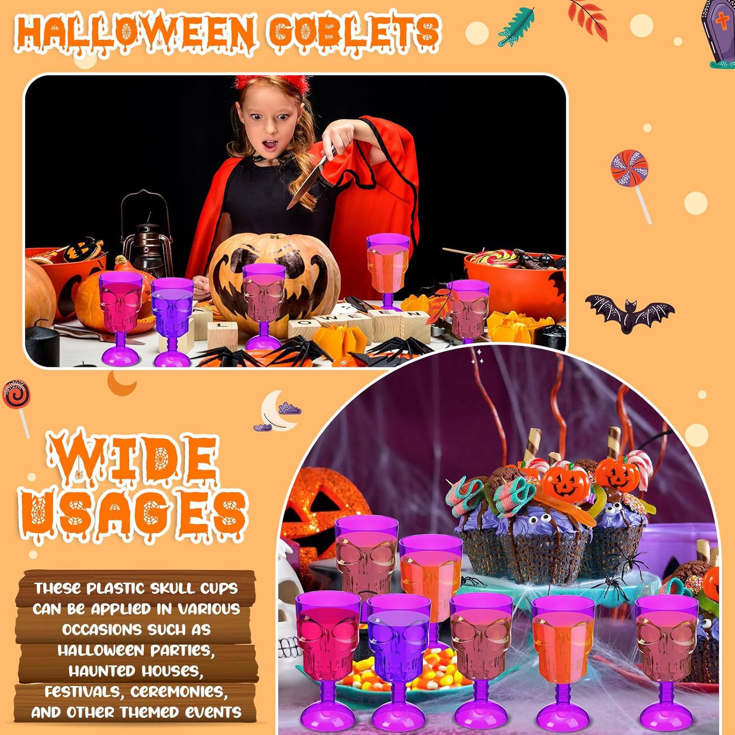 Bokon Set of 12 Halloween Cups Skull Goblets Gothic Party Table Decorations Plastic Wine Goblet Halloween Party Supplies Skeleton Themed Centerpiece (Purple)