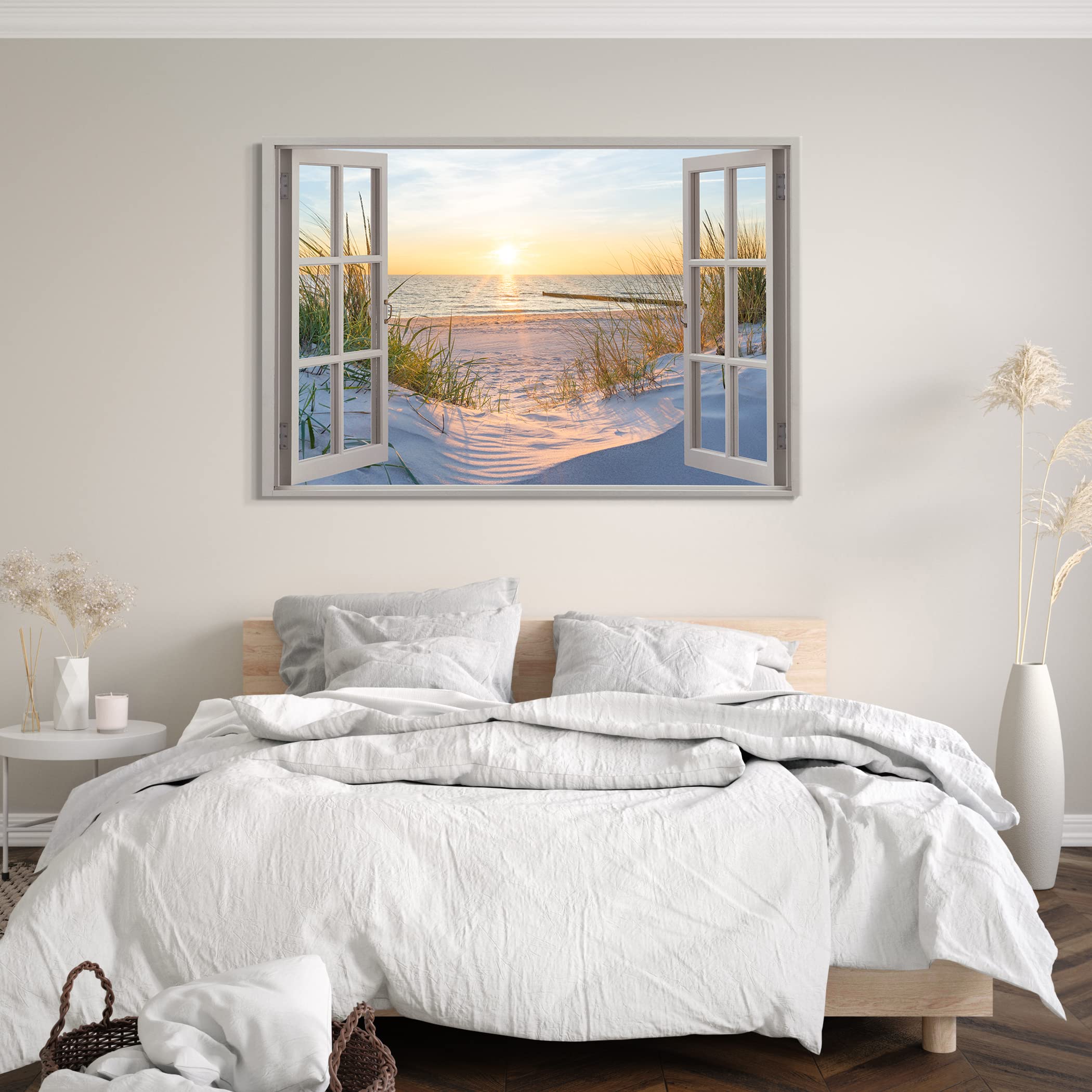 Printistico Impression sur toile (120x80 cm) vue depuis la fenêtre - plage, mer, sable, coucher de soleil, vacances, photographie nature, cadre en bois véritable avec crochet,