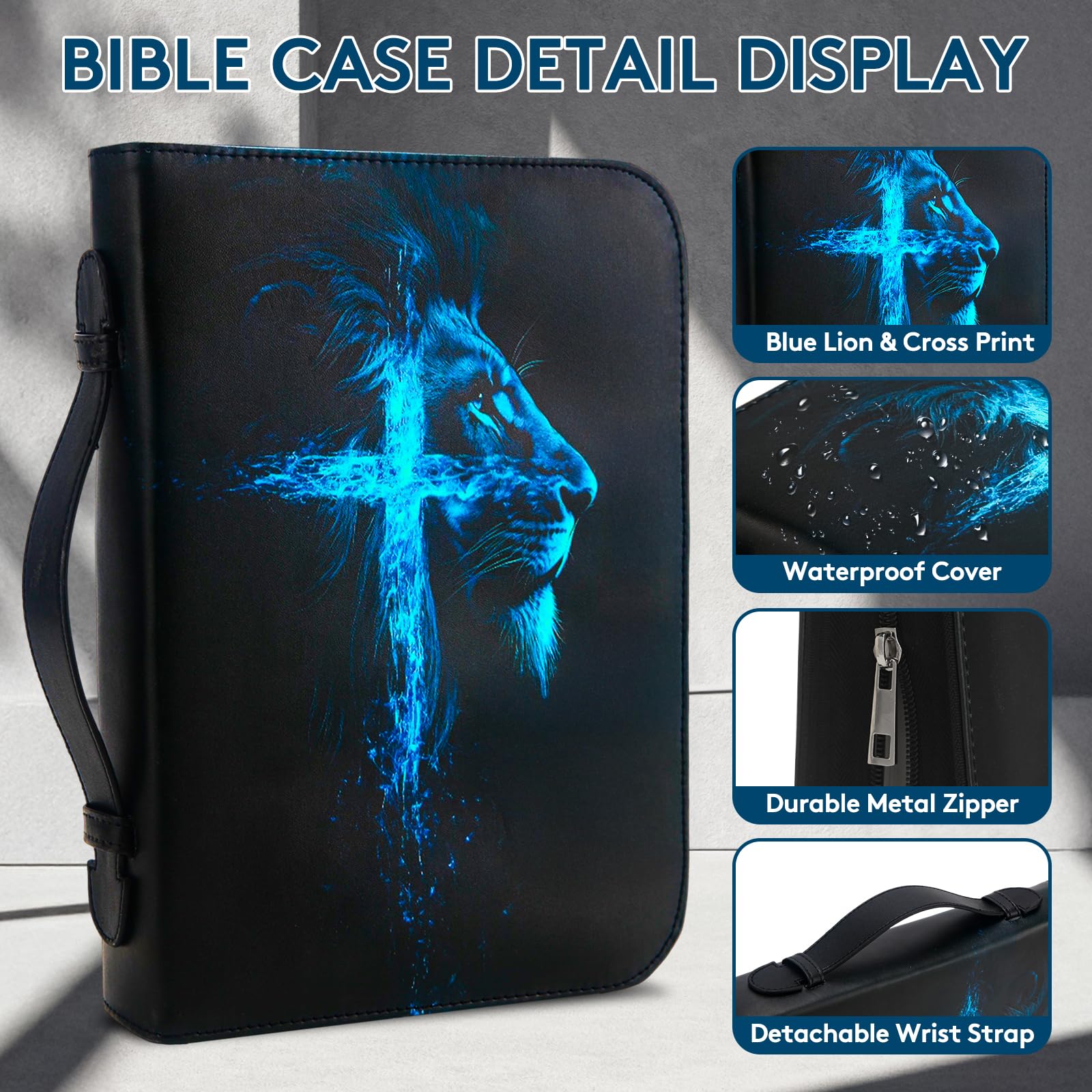 Housse de bible pour hommes et garçons, housse de bible imprimée croix de lion bleu avec poignée et fermeture éclair, sacs bibliques imperméables en cuir synthétique, fournitures d'étude biblique avec
