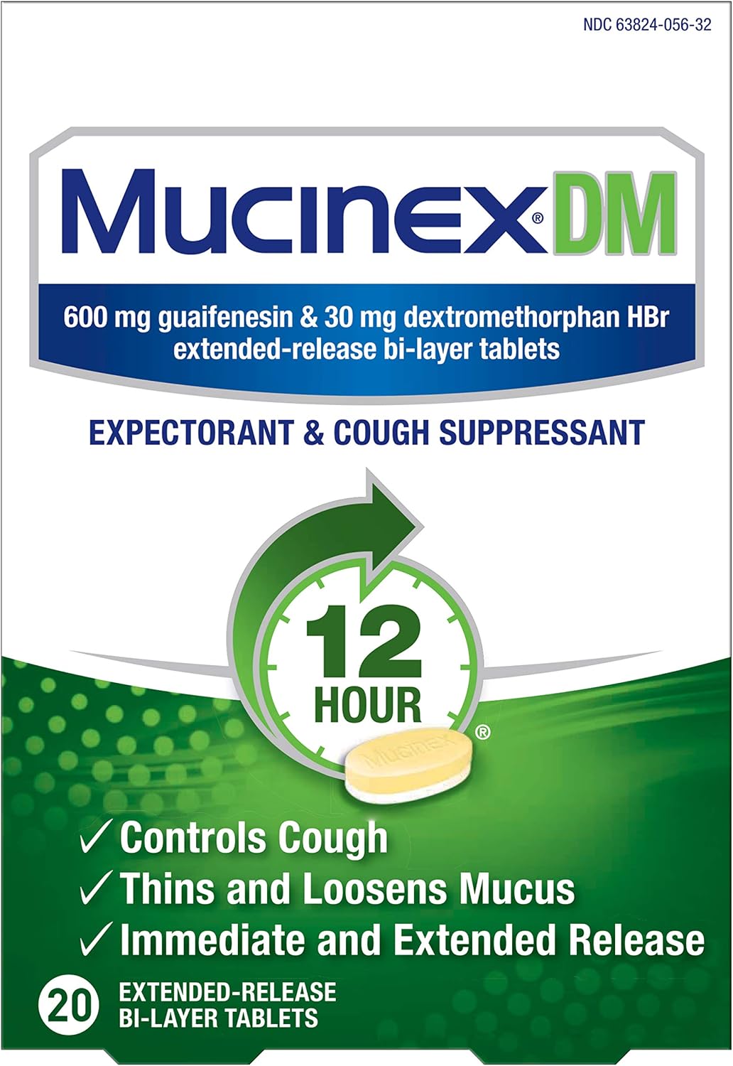 Cough Suppressant and Expectorant, Mucinex DM 12 Hr Relief Tablets, 20ct, 600 mg Guaifenesin, 30 mg Dextromethorphan HBr, Controls Cough and Thins & Loosens Mucus That Causes Cough & Chest Congestion