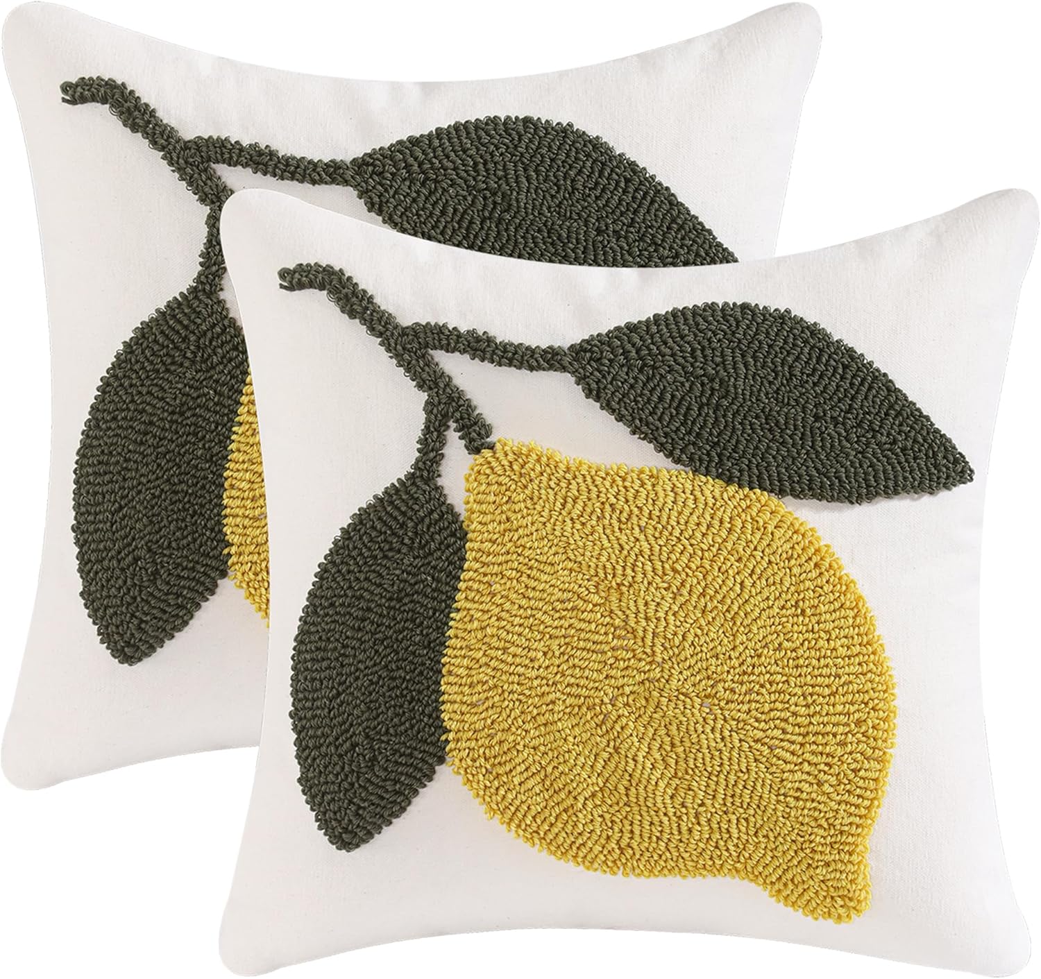 Yellow Lemon Throw Pillow Covers 18x18 Pack of 2 Embroidered Pillow Cushion Cases Farmhouse Decor Square Tufted Pillowcases for Spring Summer Sofa Couch Bedroom