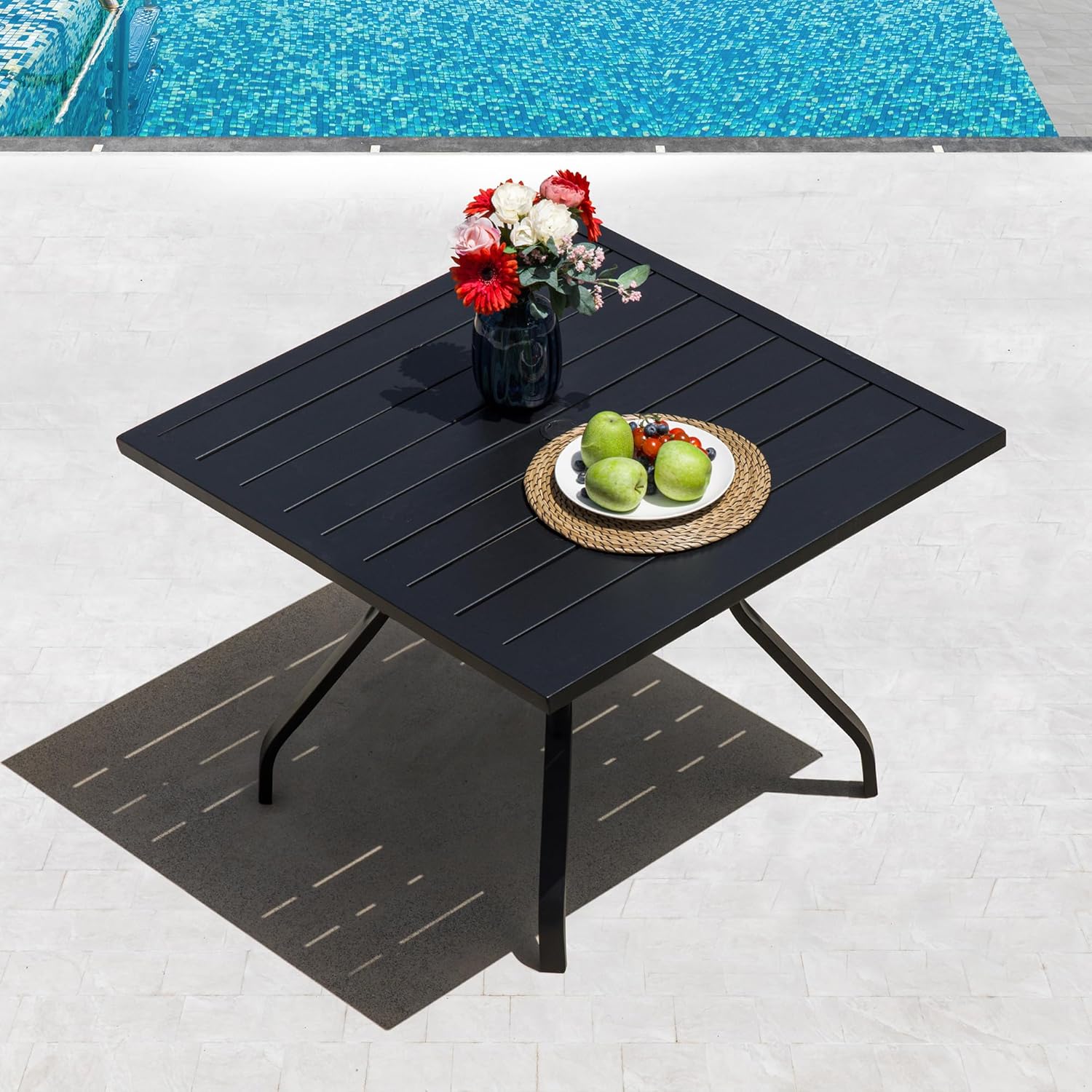 Sour Citrus 37" Outdoor Square Metal Patio Dining Table with Umbrella Hole, Weather-Resistant Table for Garden, Backyard, Balcony, or Deck, Black