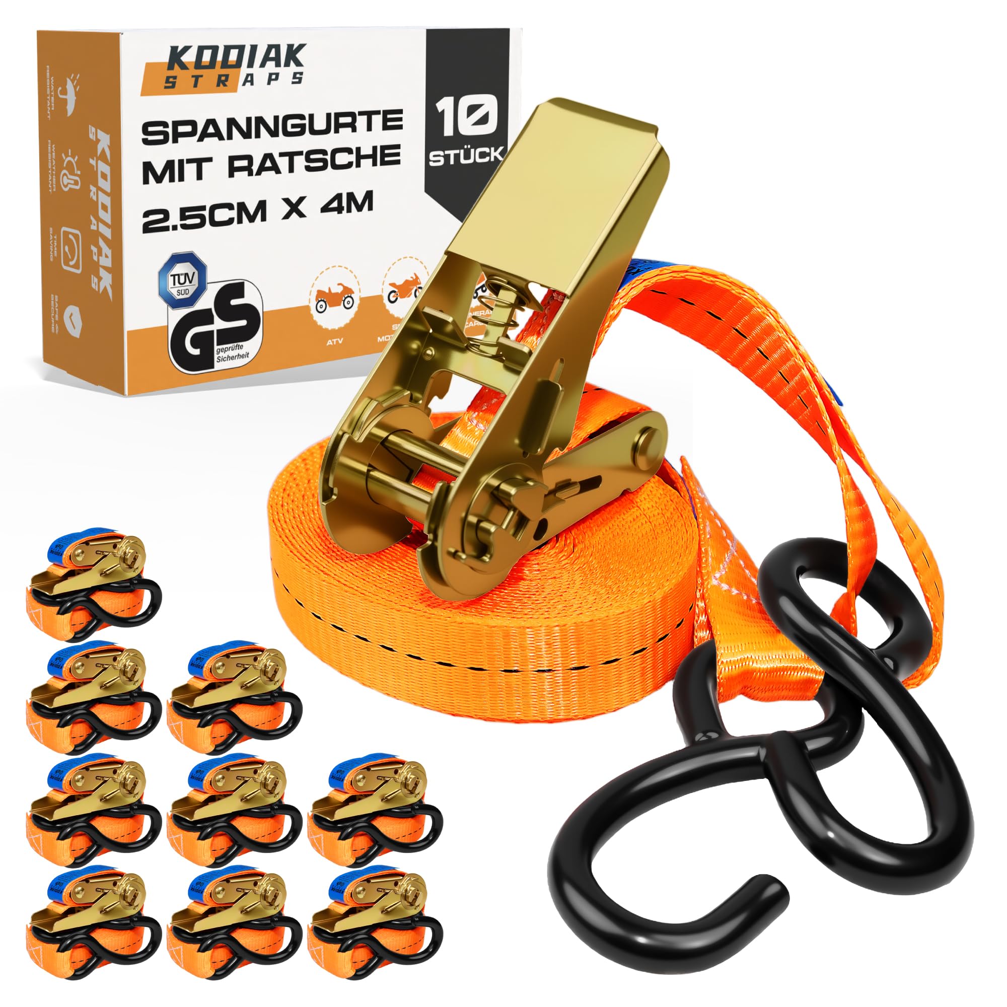 10 Stück Spanngurte 4m x 800kg mit Ratsche und S-Haken - 25mm Zurrgurte mit Ratsche - Orange Ratschengurt für Ladungssicherung - TÜV/GS geprüft nach DIN EN 12195-2 - KODIAK STRAPS