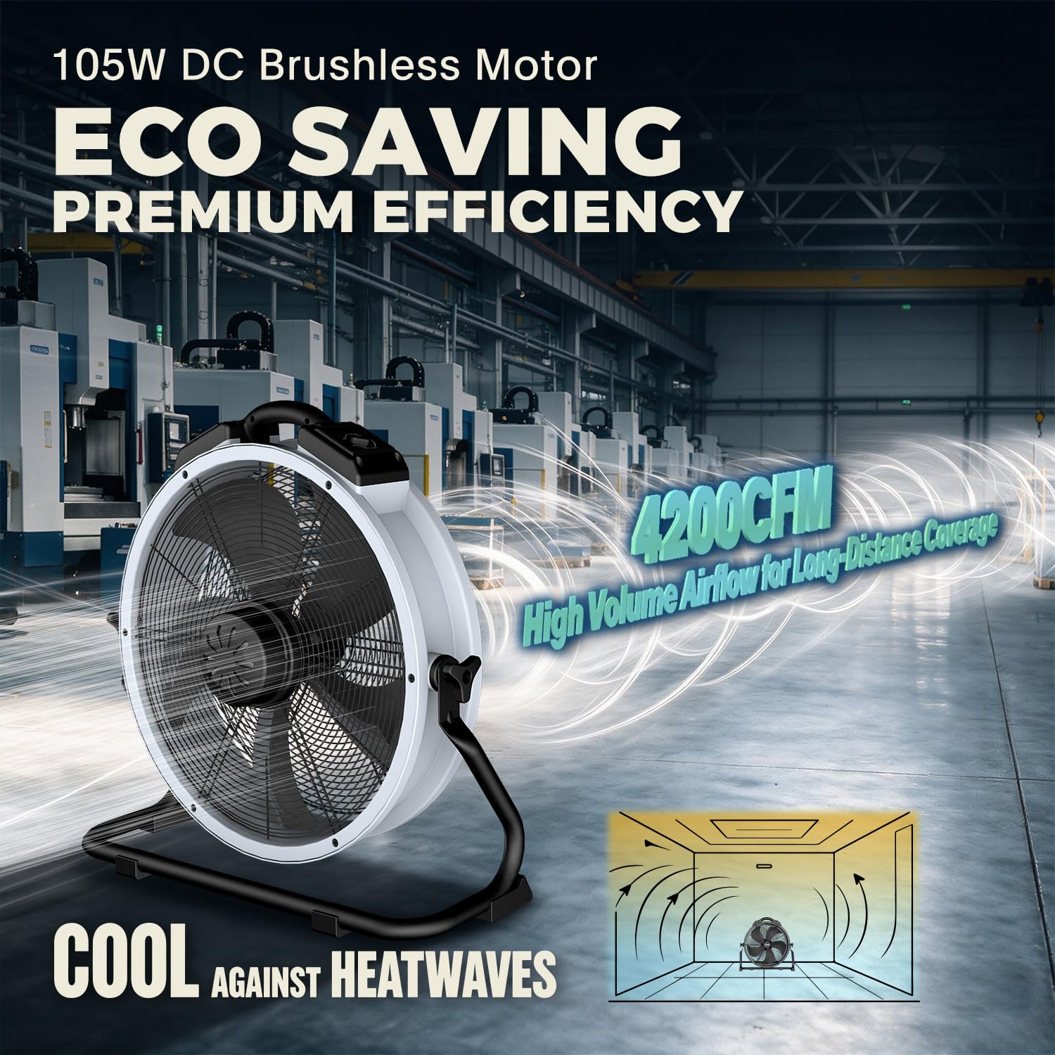 XPower FD-450DP - Ventilatore di circolazione dell'aria commerciale da 45,7 cm, motore brushless DC ultra a risparmio energetico da 105 W, ventola ad alta velocità ultra silenziosa con supporto