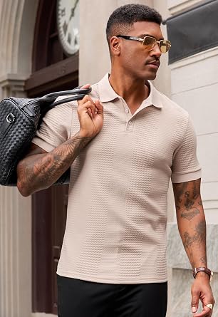 Mens Cable Knit Polo Shirts Textured Casual Summer Vacation Collared Shirt (S-XXL)