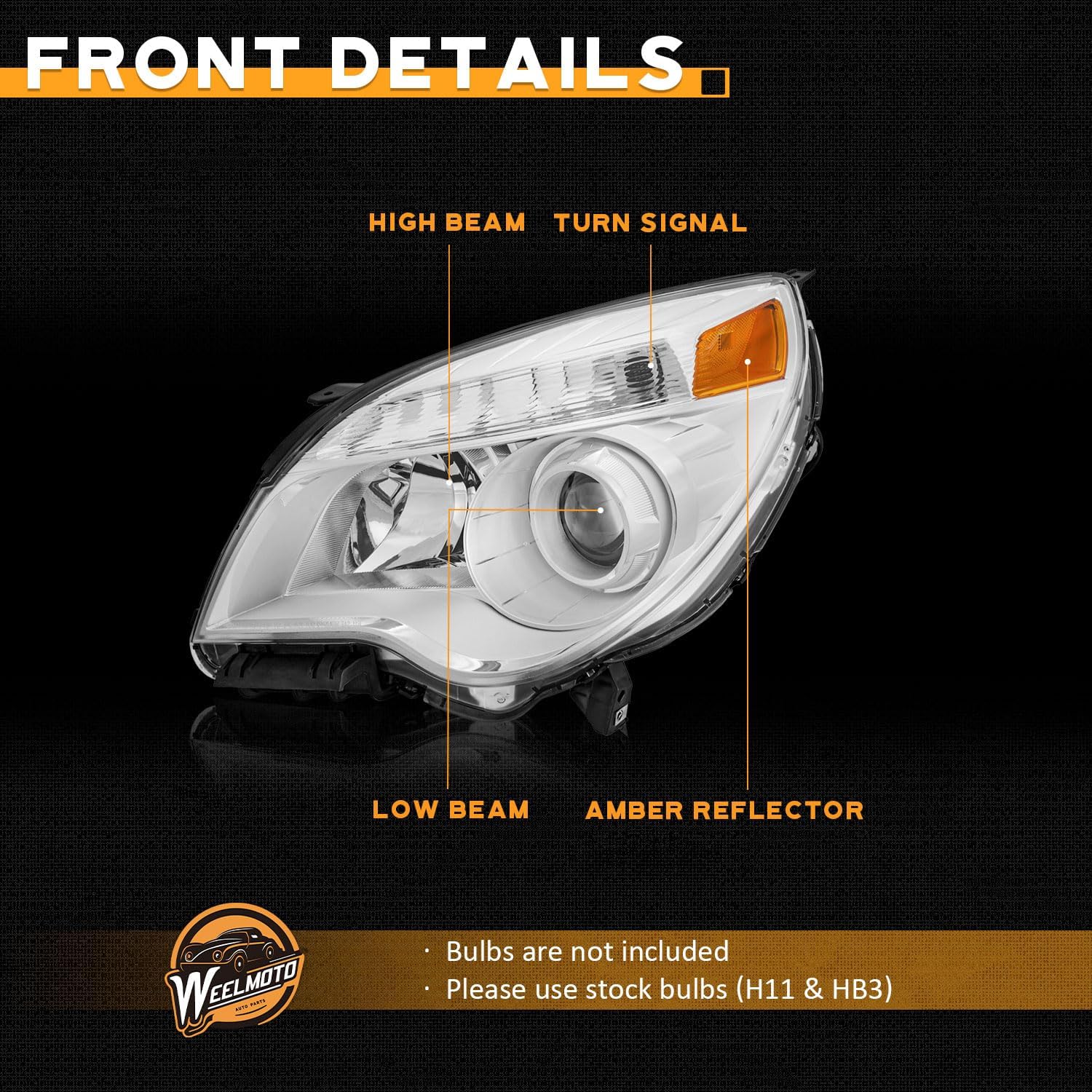 WEELMOTO Headlight for 2010-2015 Chevy Equinox, Compatible with 2010 2011 2012 2013 2014 2015 Chevy Equinox Headlamp Replacement Chrome Housing Amber Reflector