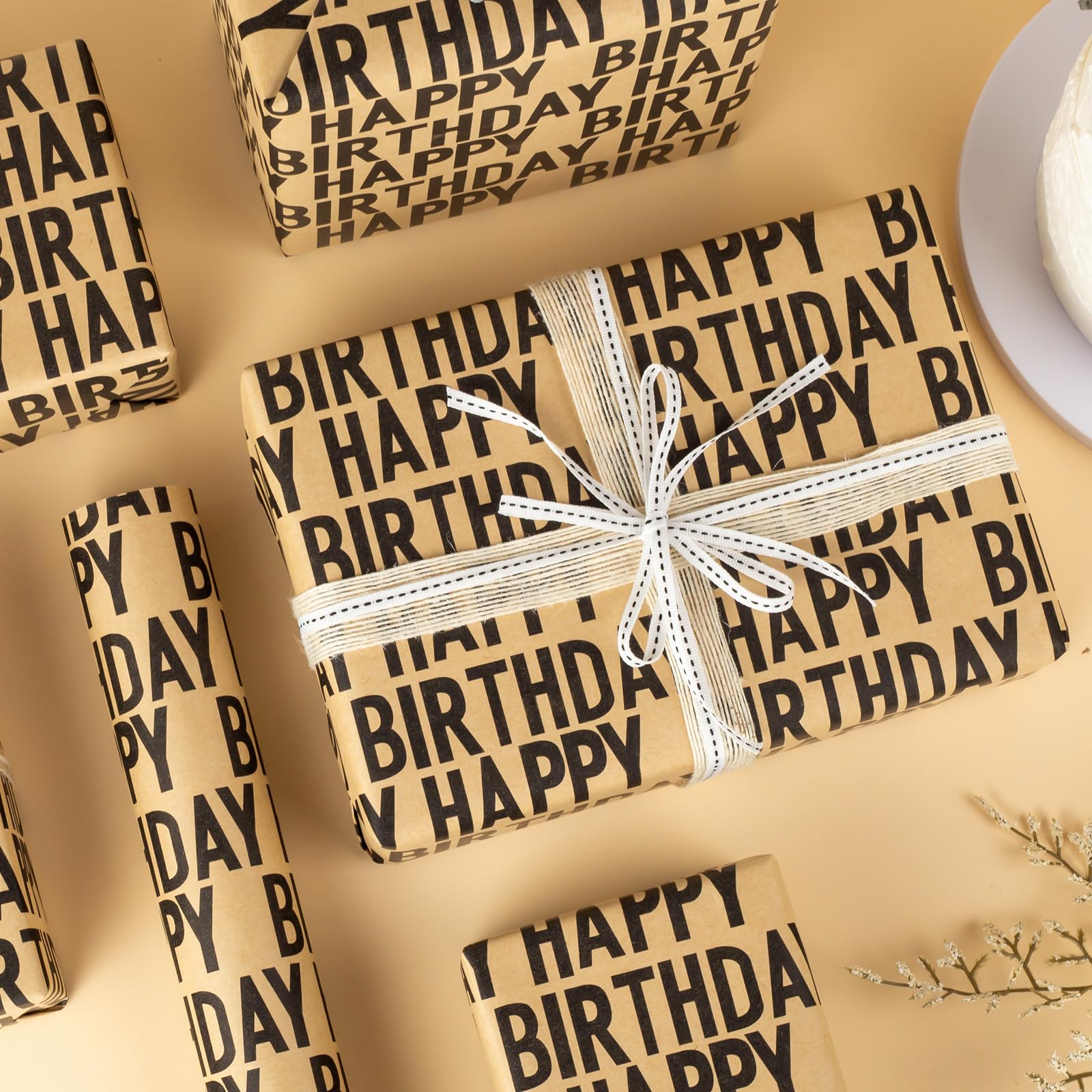 Yarcony Rollo de papel kraft para regalo de cumpleaños, 17 pulgadas x 33 pies, papel grueso reciclable con texto elegante para cumpleaños, hioliday, fiesta