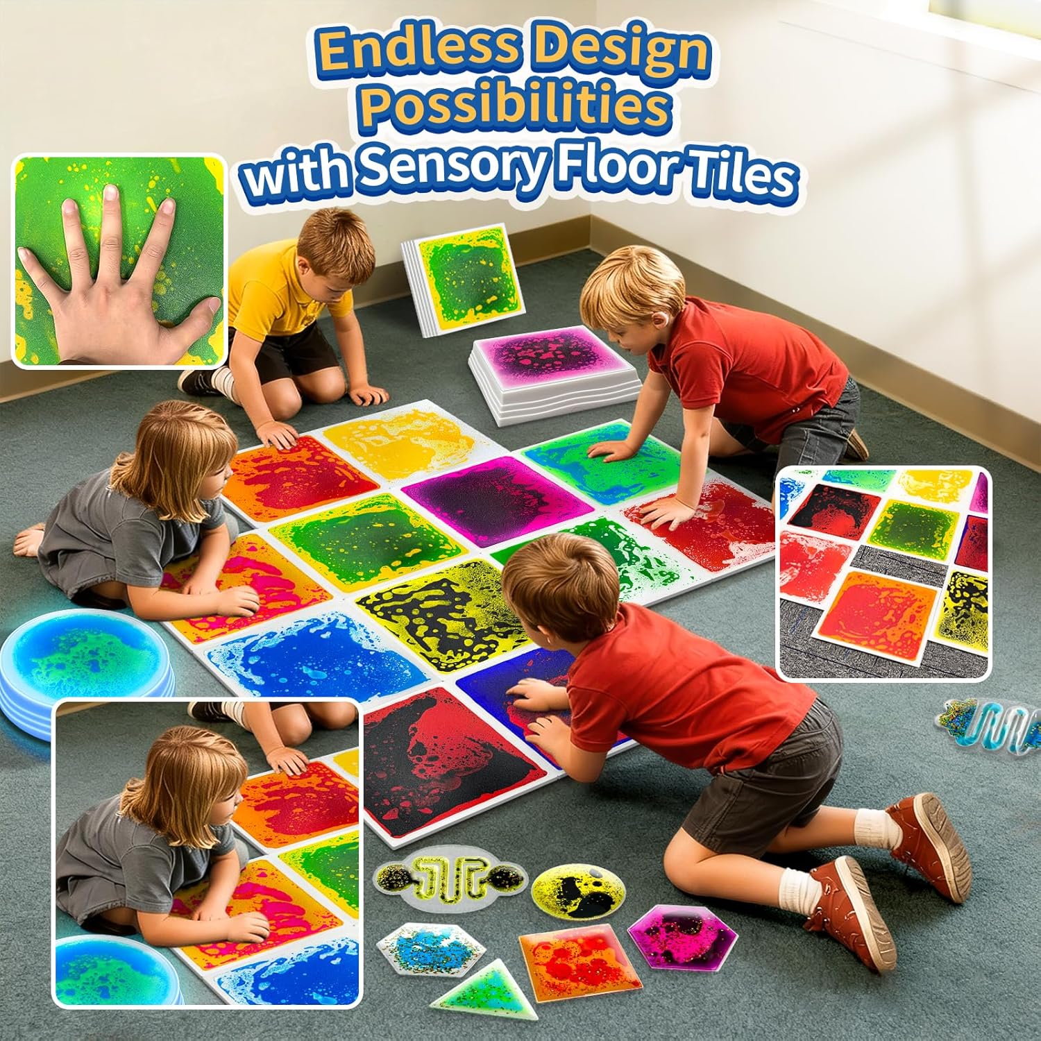 Liquid Sensory Floor Tiles for Kids Ages 3+ – 11.8" Step-On Toys with Color Flow Effect & Non-Slip Textured Base – for Classroom Use or Calm Zones (6-Pack)