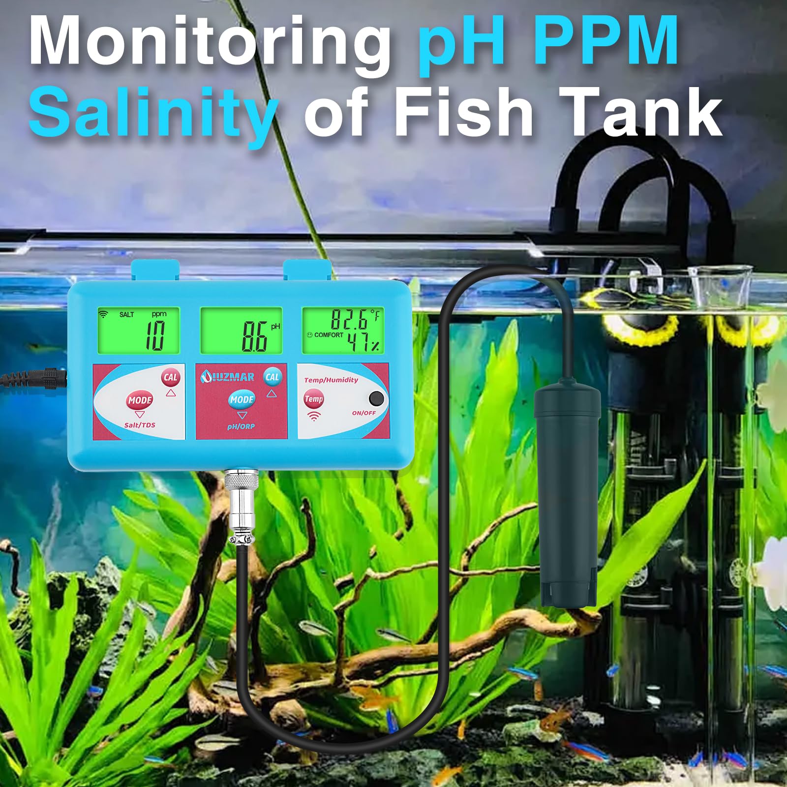 UIUZMAR Moniteur de salinité de pH continu pour aquarium, testeur numérique de salinité pour aquarium d'eau salée, testeur de sel de pH numérique PPM pour réservoir de récif, testeur 6 en 1, pour