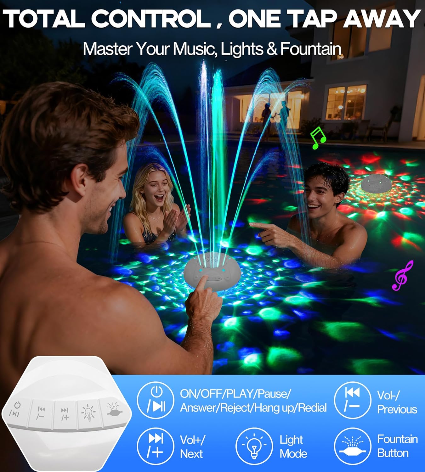 Luxfero 3in1 Bluetooth Pool Speaker with Pool Fountain Lights, Floating Bluetooth Speaker for Pool,IP68 Waterproof Hot Tub Speaker Loud Sound,BT5.4, 24H Playtime Pool Fountain for Inground Pools-White - Image 7