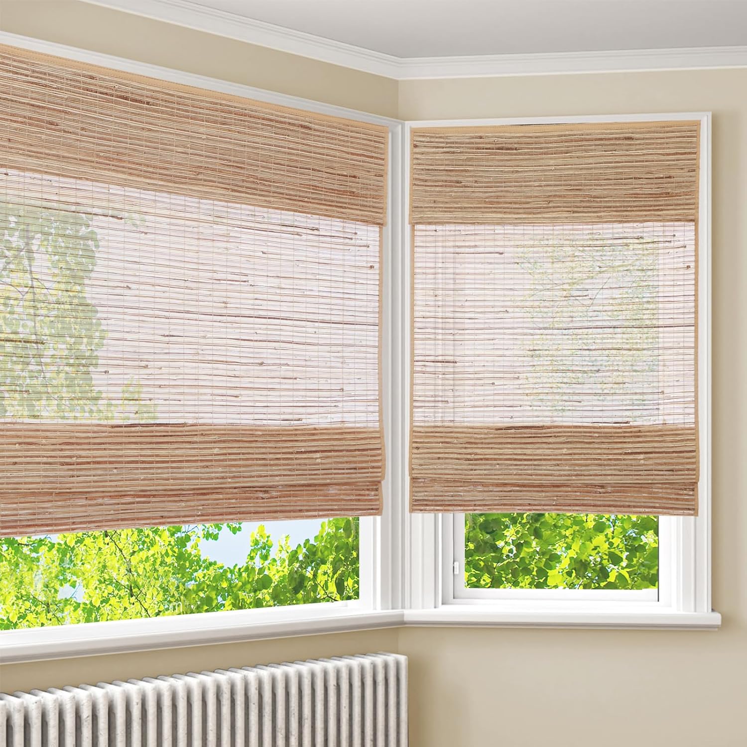 LANTIME No Drill No Tools Cordless Jute and Bamboo Shades for Windows, Lined Blackout Natural Material Roman Shades,Color 1