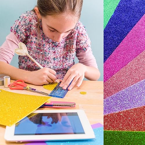 Vista 102 de 10 hojas de espuma con purpurina para manualidades, papel de cartulina A4, papel adhesivo autoadhesivo para construcción de Navidad, álbum de Azul