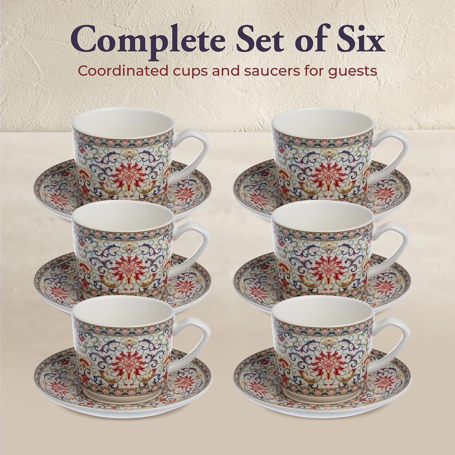 Zagara Home Arjin Porcelain Coffee Cup Set of 6, Espresso Cups and Saucers Set, Turkish Coffee Cups, French Coffee Cups, Lightweight Porcelain Vintage Small Cups for Coffee and Tea