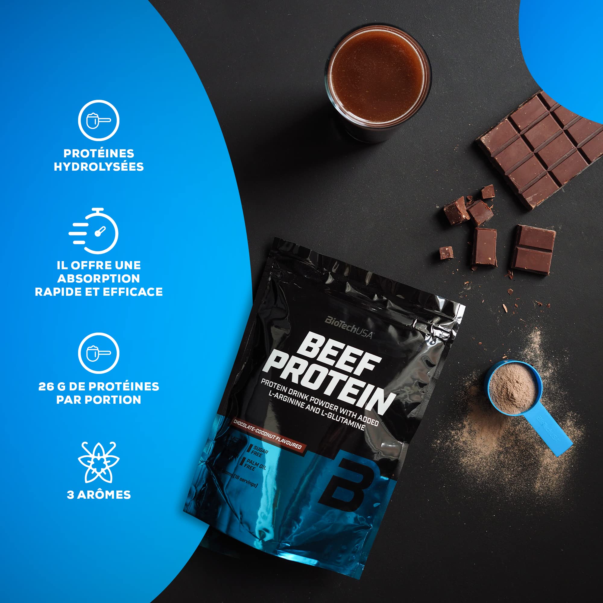 BioTechUSA Beef Protein, Formule à base de peptides de protéines hydrolysées à 87%, sans lactose ni gluten, pauvre en graisses, sans sucre, adaptée au régime paléo, 500 g, Chocolat-Coco