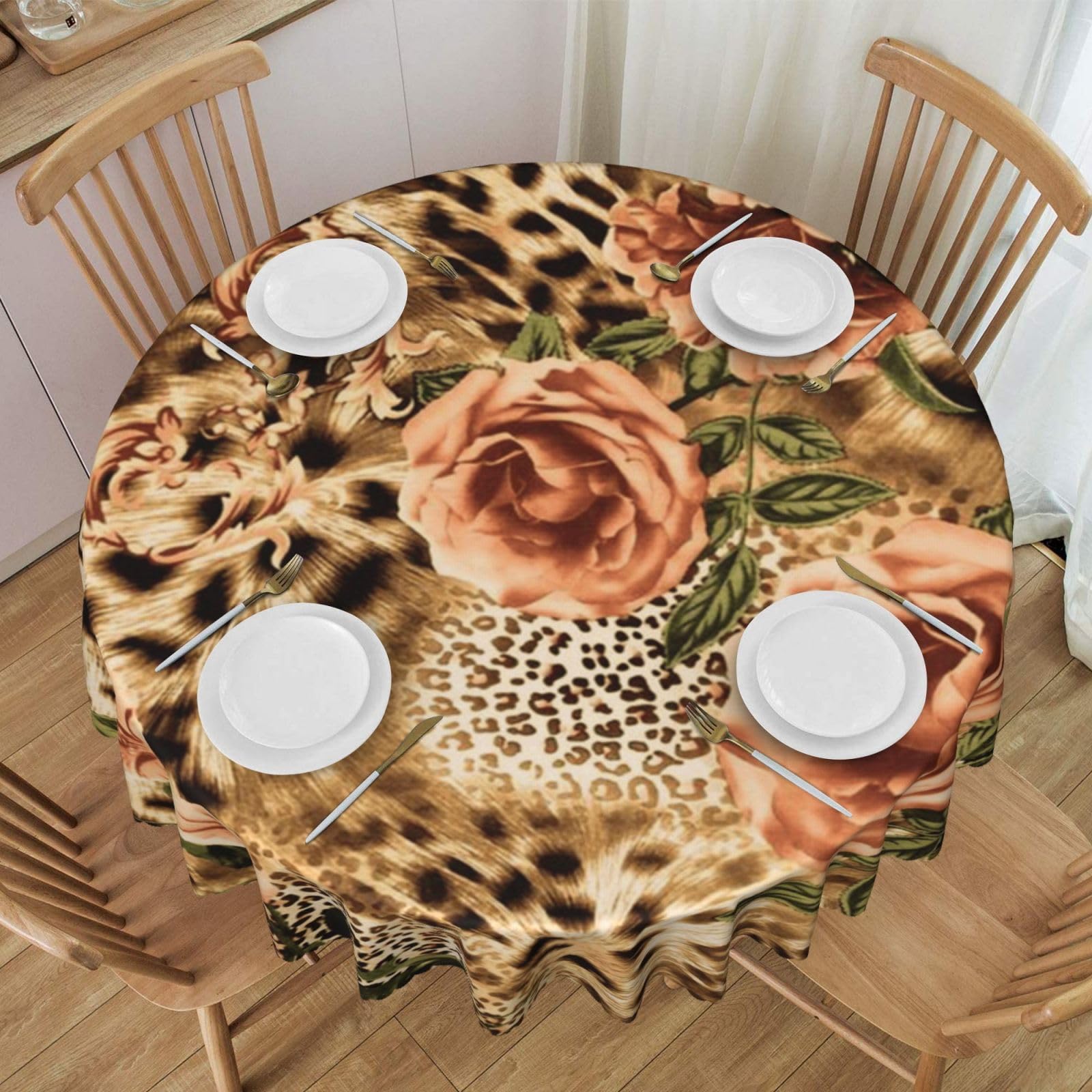DCEHGEW 60 In Round Tablecloth with Lace, Striped Leopard Printed Oilproof & Washable Fabric Picnic Table Cloth Table Covers