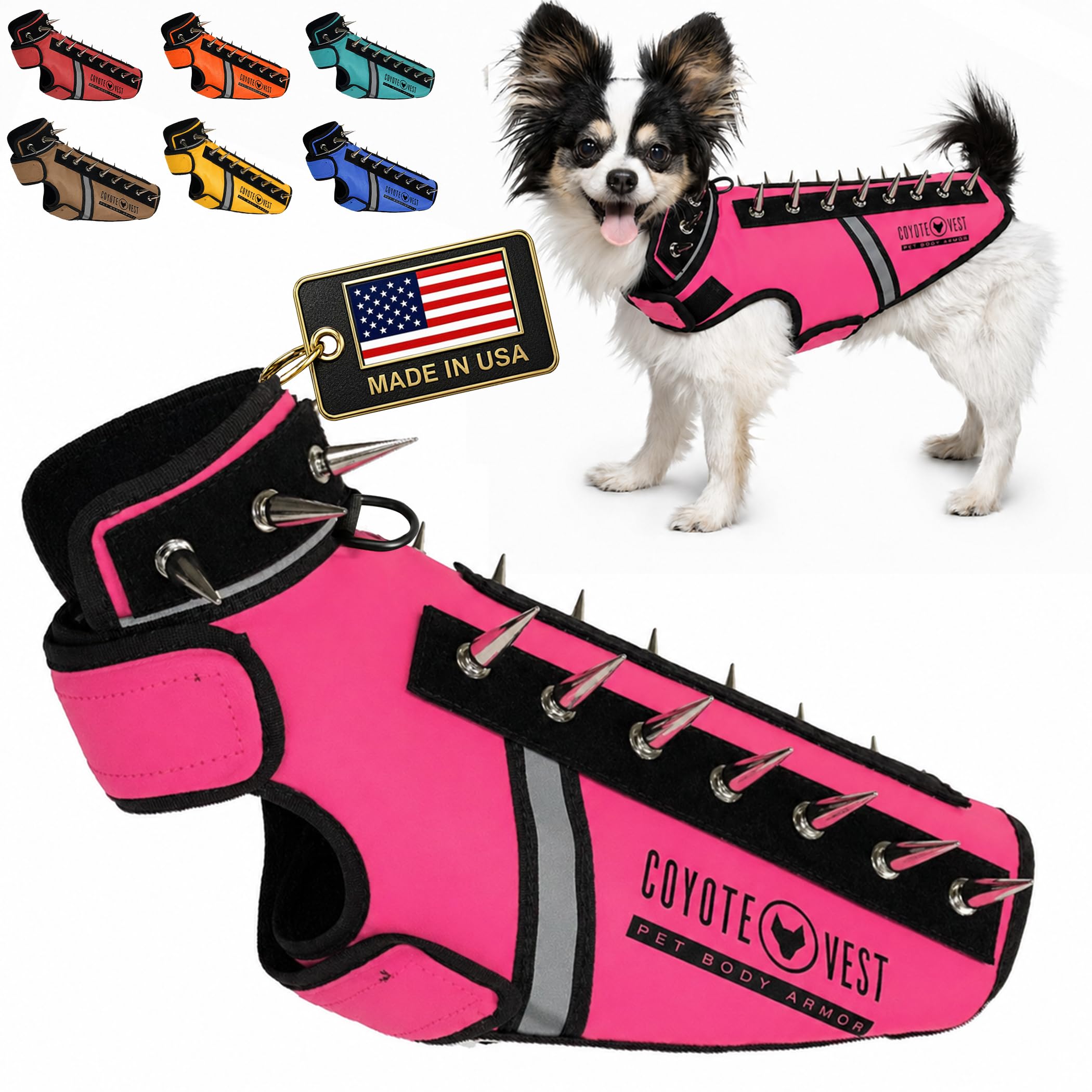 CoyoteVest SpikeVest Dog Harness Vest for Small Dogs, Reflective Dog Vest with Spikes to Shield Your pet from Coyotes, Raptor and Animal Attacks, Anti Hawk Vest, Made in USA (XS-Pink)