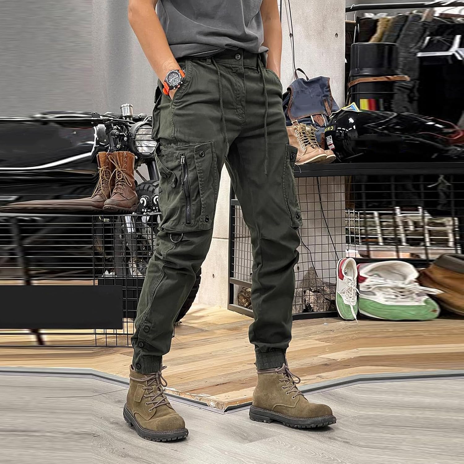 Men's Casual Solid Color Tactical Pants Outdoor Running Cargo Pant Mens Fashion Cuff Workwear Long Trousers