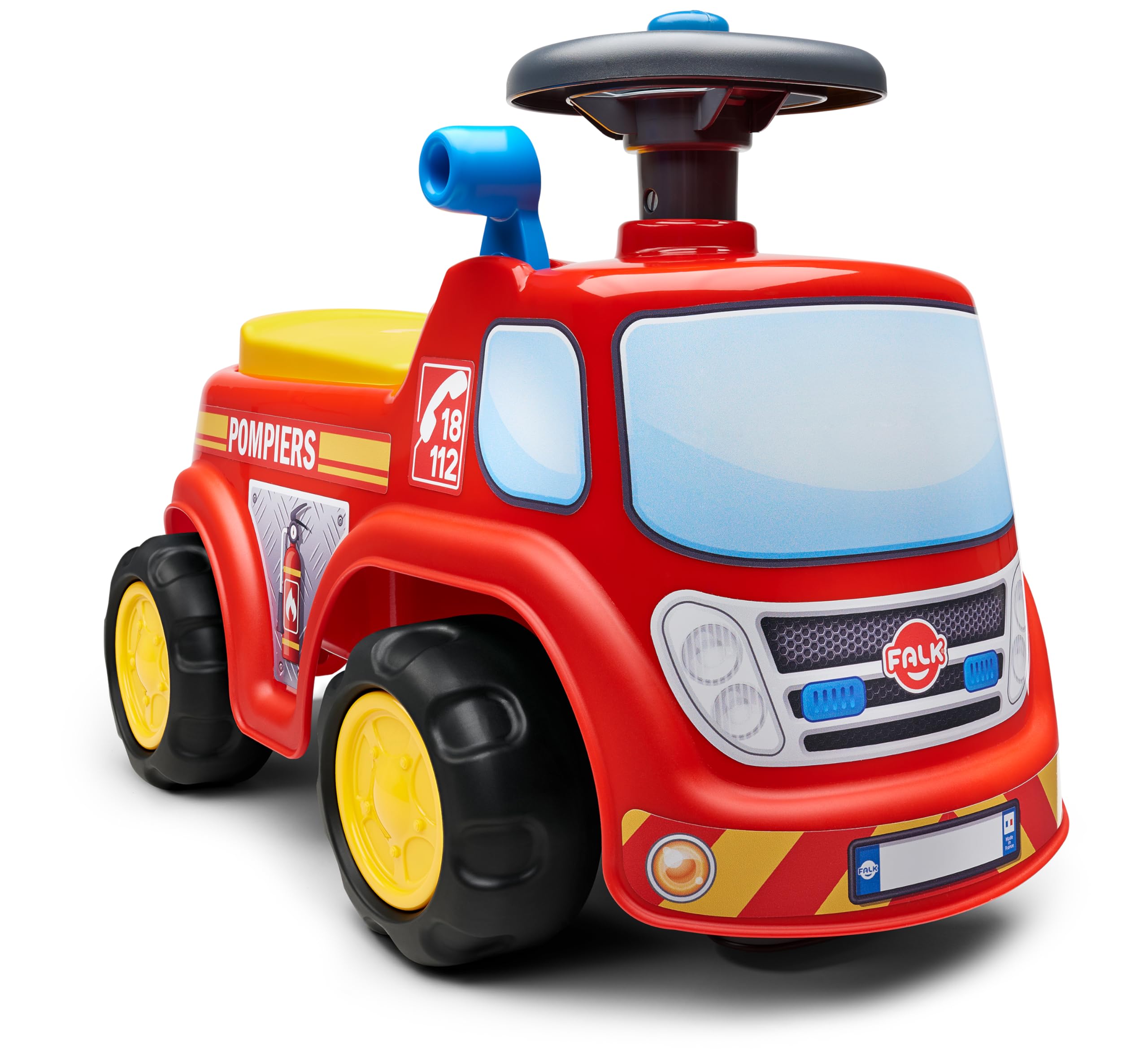 FALK Camión de Bomberos Porteur-A Partir de 12 Meses-Fabricado en Francia-Volante direccional con bocina-Palanca con Efecto sonoro-Caja de Almacenamiento-Matrícula personalizable-700, 700