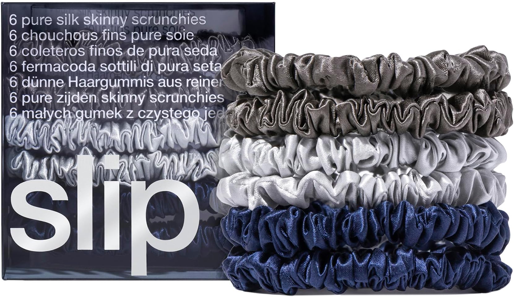 slip Skinnies The Midnight Collection | Pure Silk Skinny Scrunchies Set | 100% Mulberry Silk, Anti-Crease, Ultra Soft, Gentle on Hair, Prevents Breakage | Set of 6, Stylish & Durable
