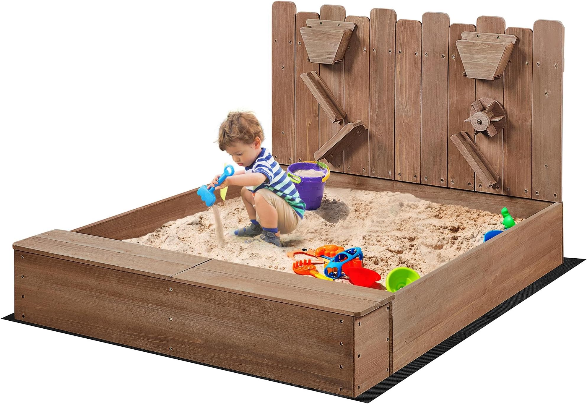 Yaheetech 53× 44.5in Wood Sand Box for Kids Ages 3-8, Sandboxes for Backyard Patio Garden Beach Outdoor Play Use, w/Fabric Liner Funnel Chutes Spinning Wheel & 2 Storage Compartments