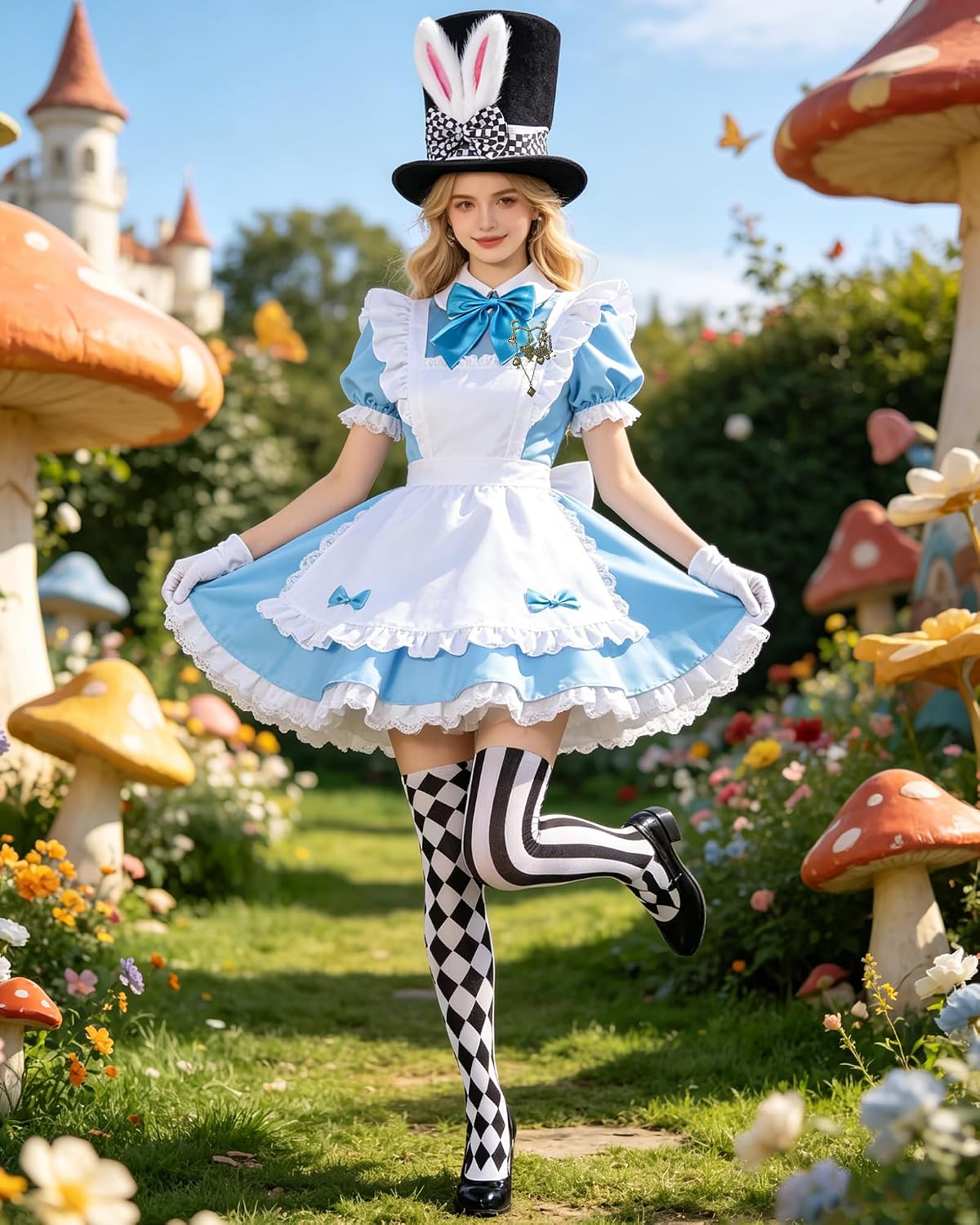 White Rabbit Costume Bunny Ears Top Hat Mad Hatter Set for Easter Halloween Dress Up Costume Accessories